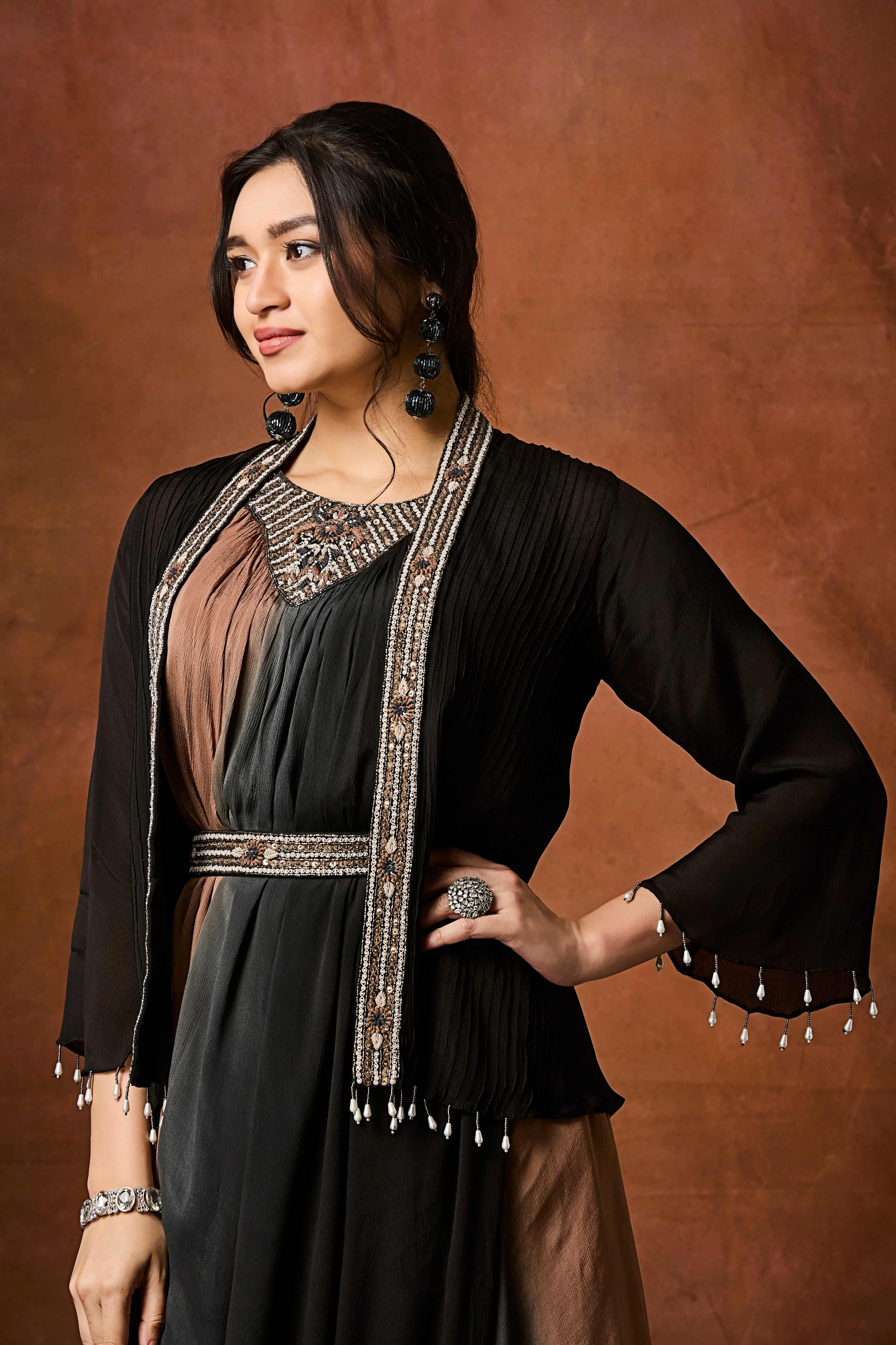 Black To Tan Ombre Chinon Silk Cowl Dress - Image 2
