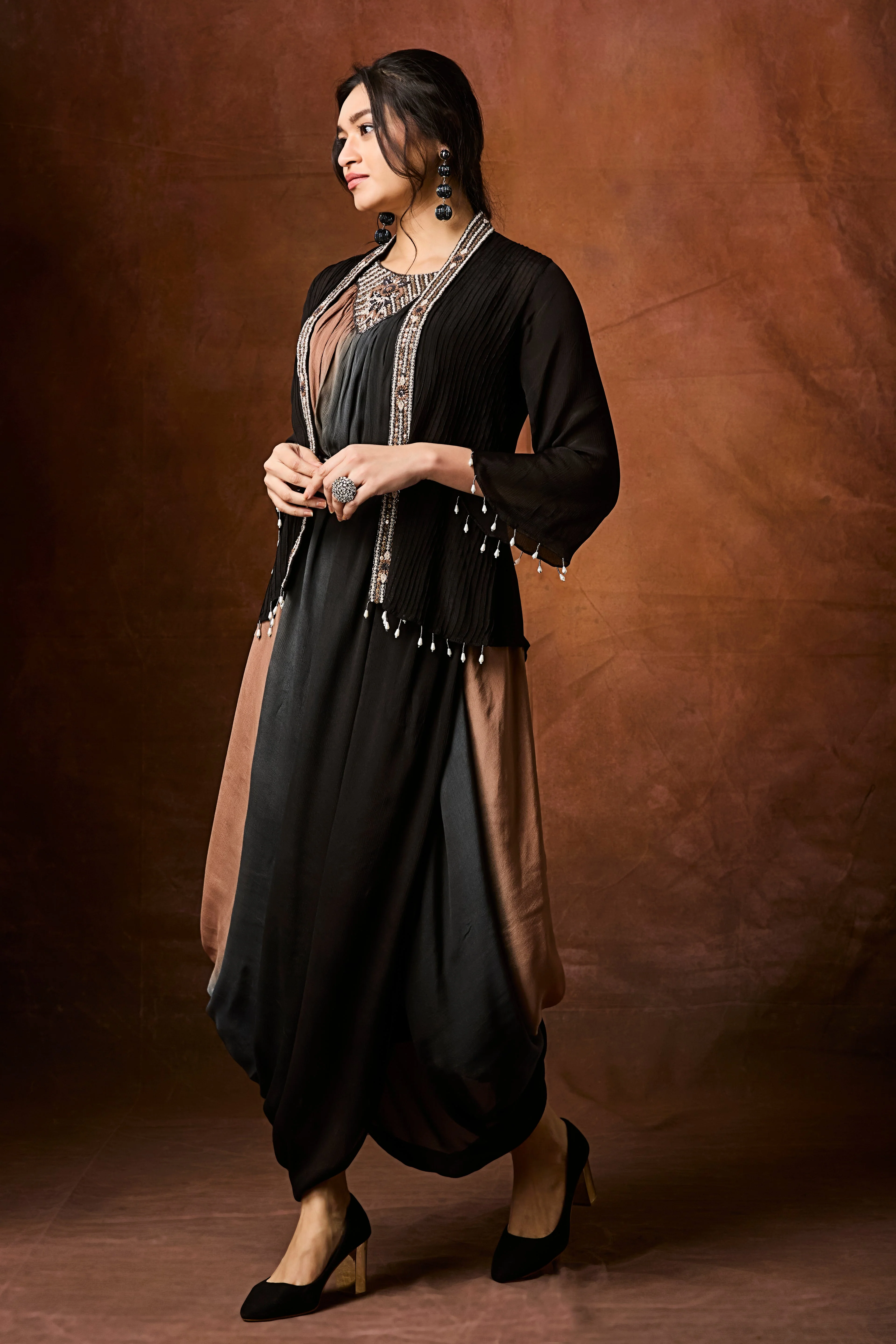 Black To Tan Ombre Chinon Silk Cowl Dress - Image 3