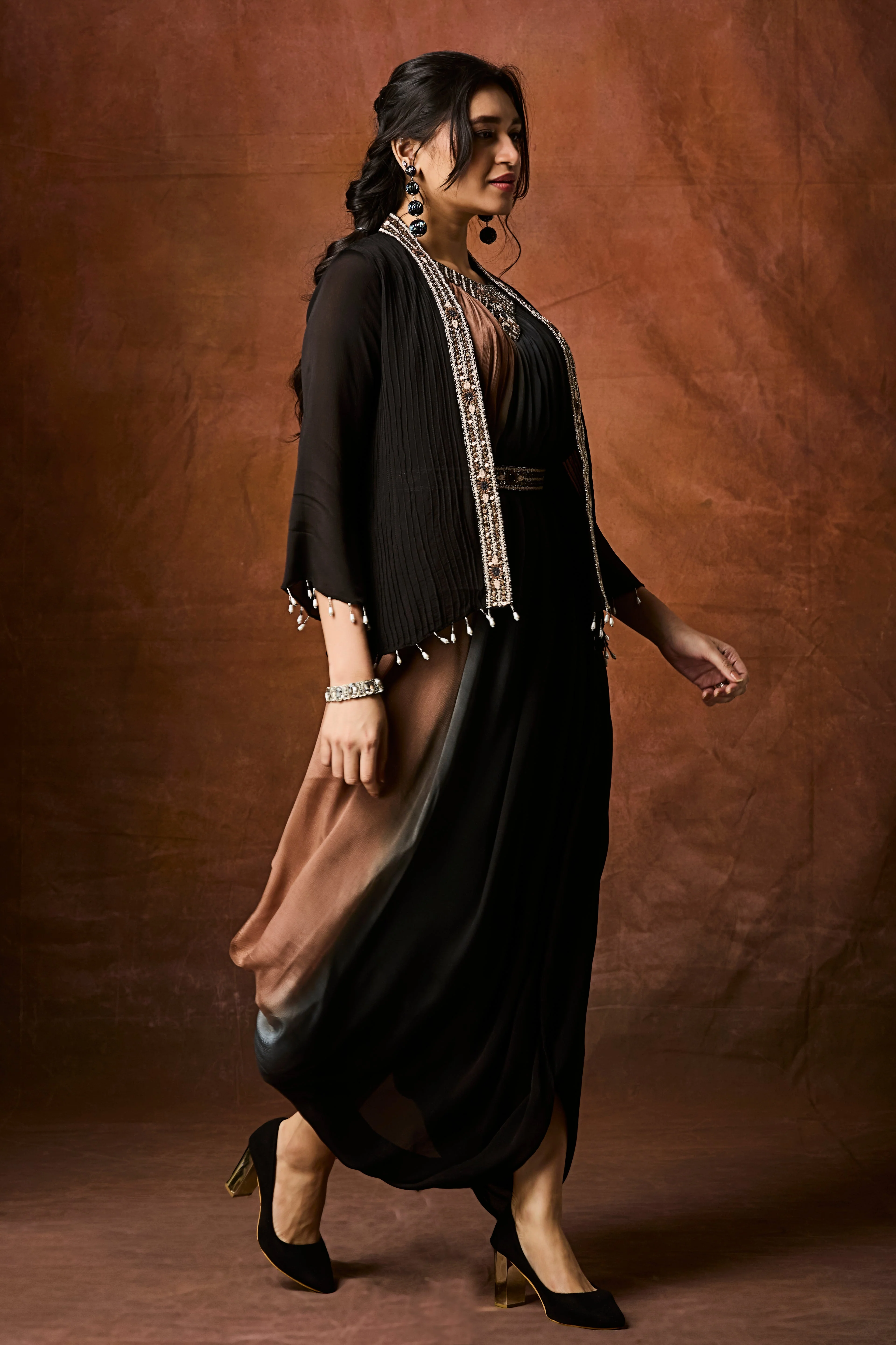 Black To Tan Ombre Chinon Silk Cowl Dress - Image 4