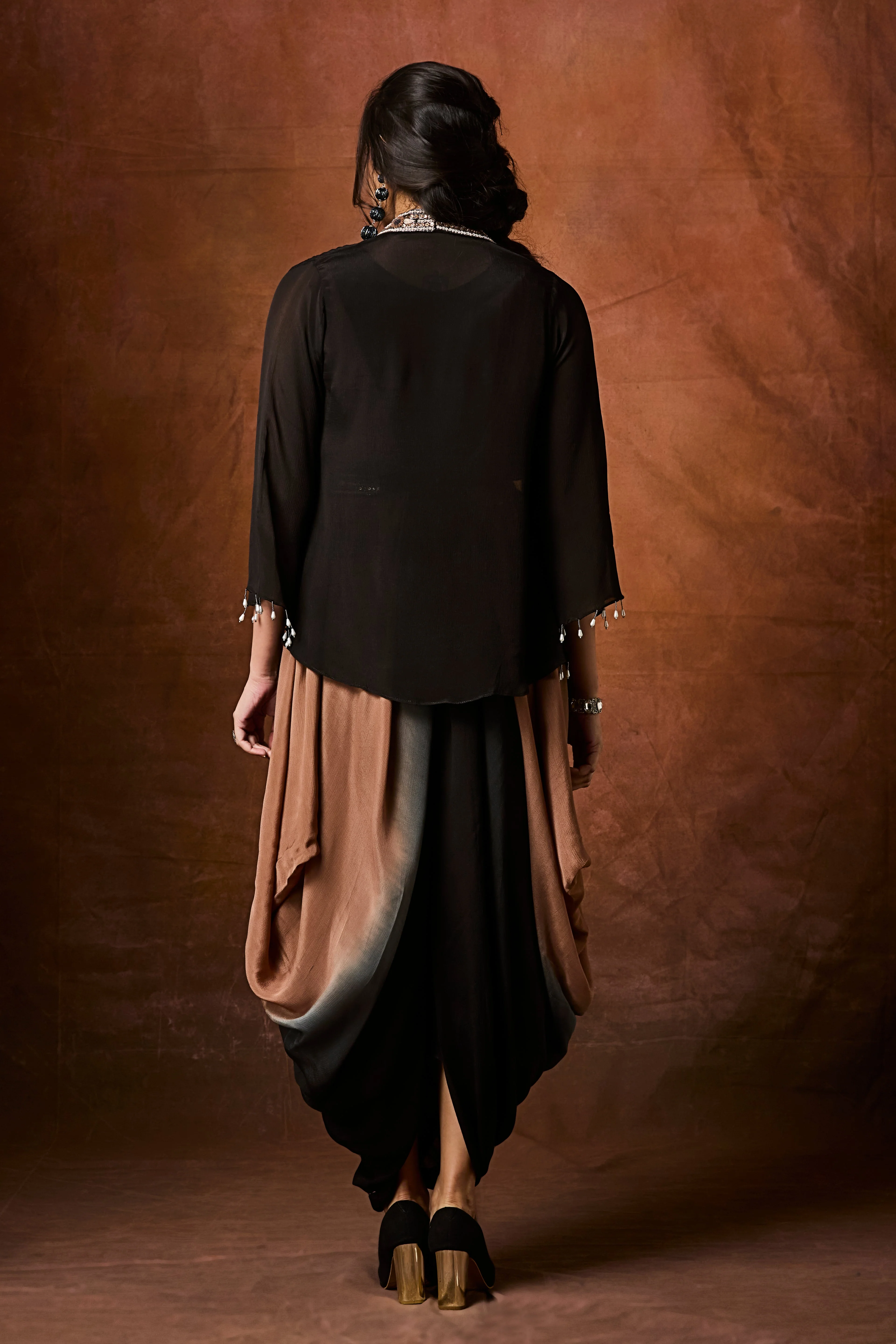 Black To Tan Ombre Chinon Silk Cowl Dress - Image 5