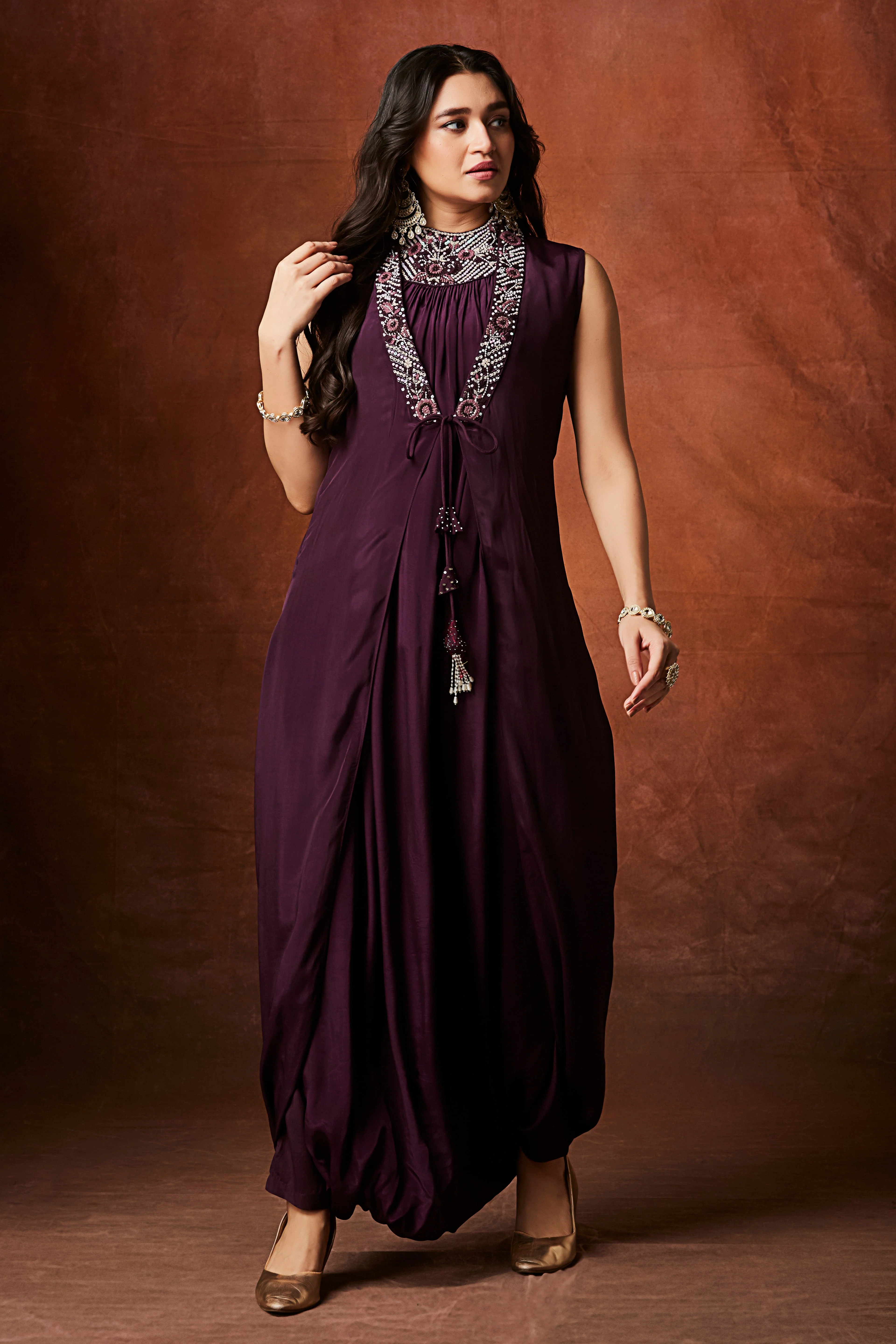 Deep Wine Embellished Chinon Silk Cowl Dress - Image 3
