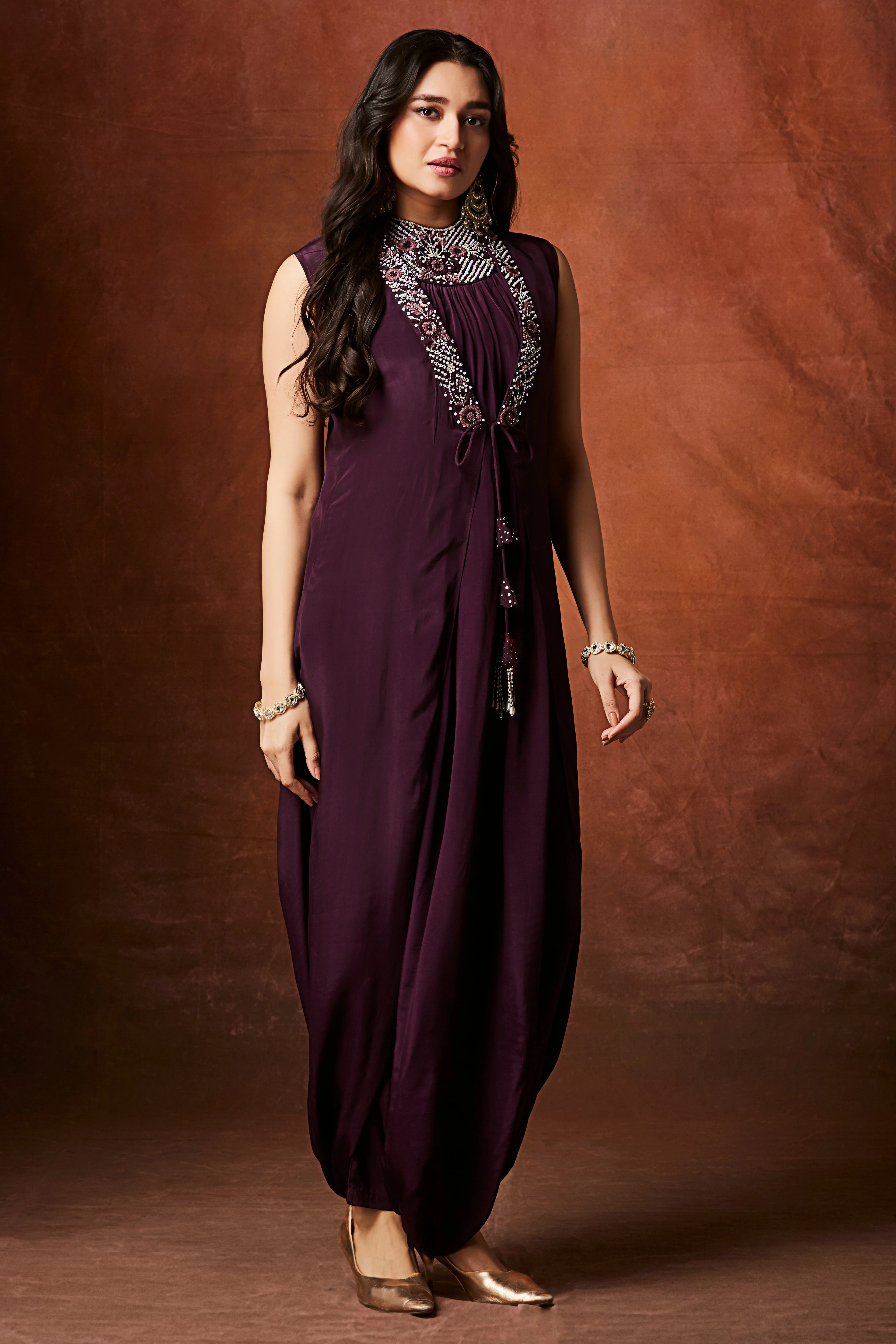 Deep Wine Embellished Chinon Silk Cowl Dress - Image 5