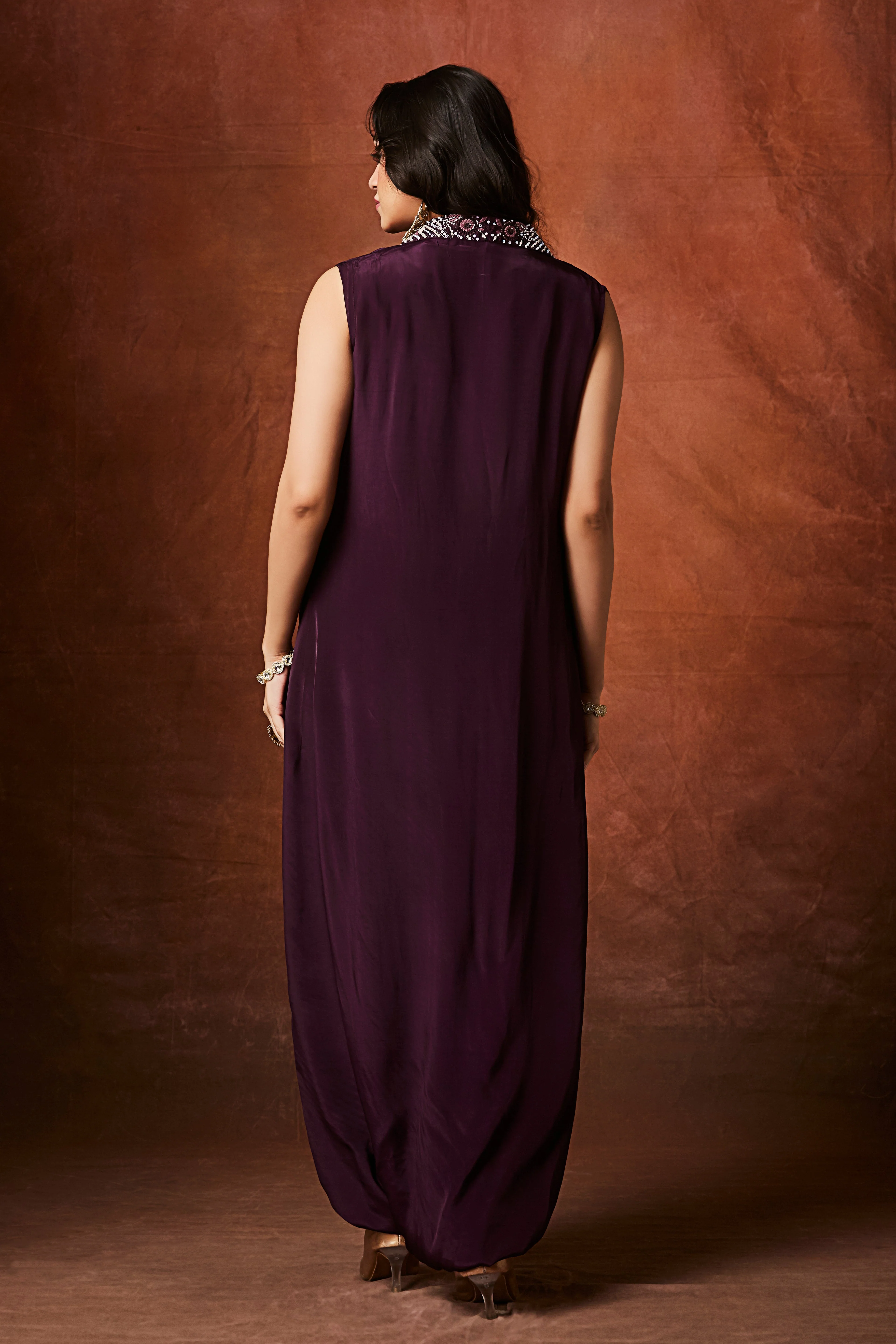 Deep Wine Embellished Chinon Silk Cowl Dress - Image 6