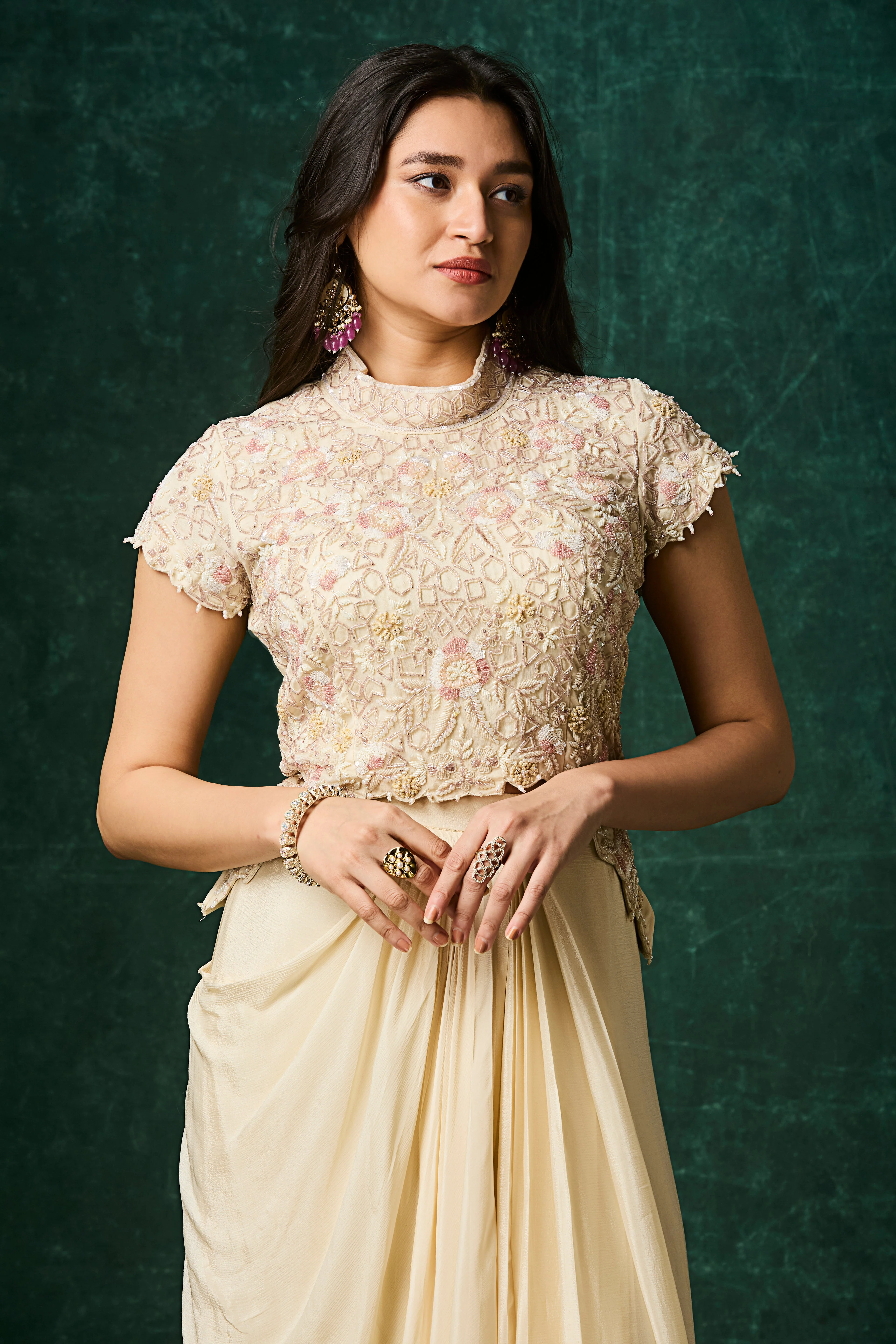 Off-White Embellished Chinon Silk Skirt Set - Image 2