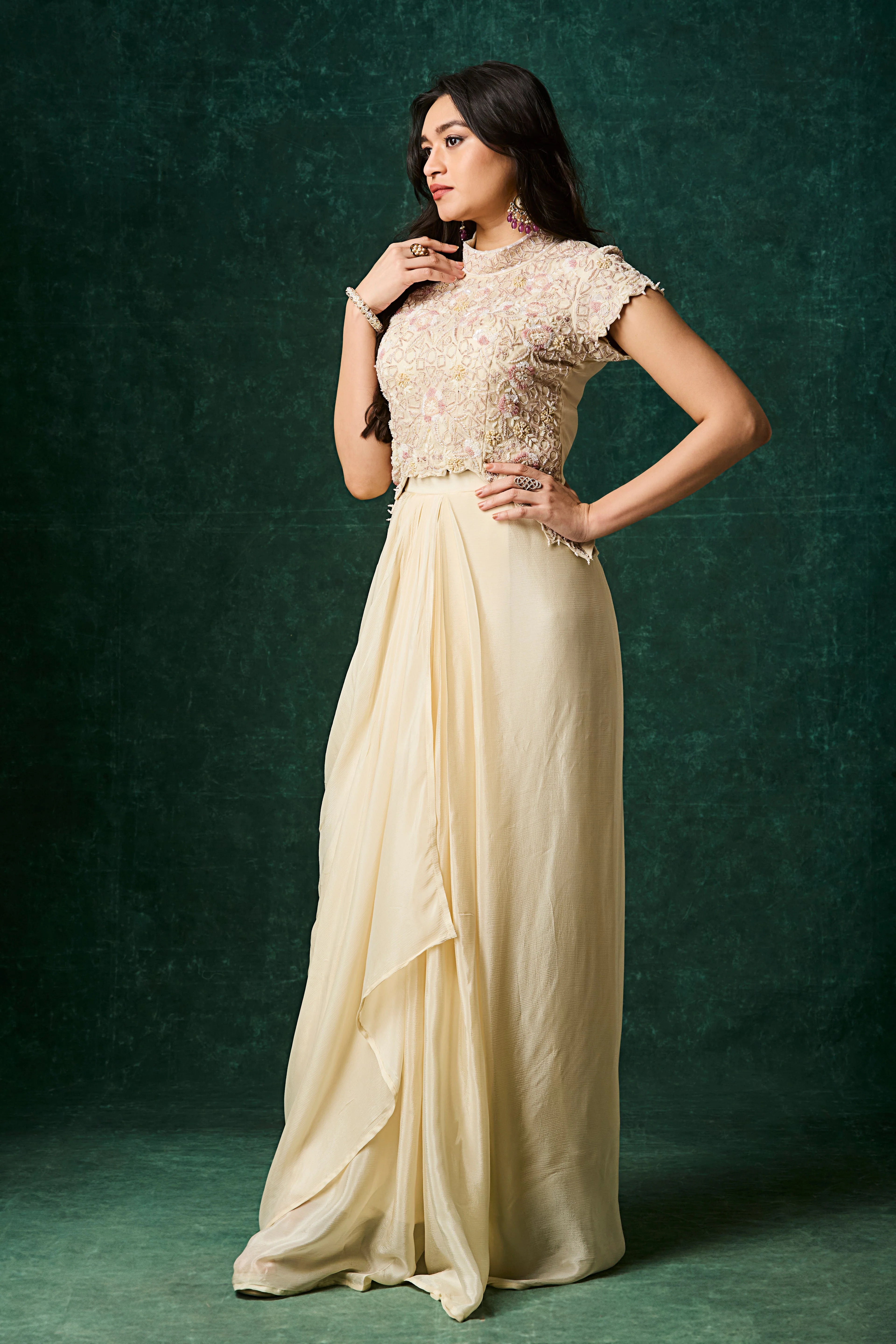 Off-White Embellished Chinon Silk Skirt Set - Image 3