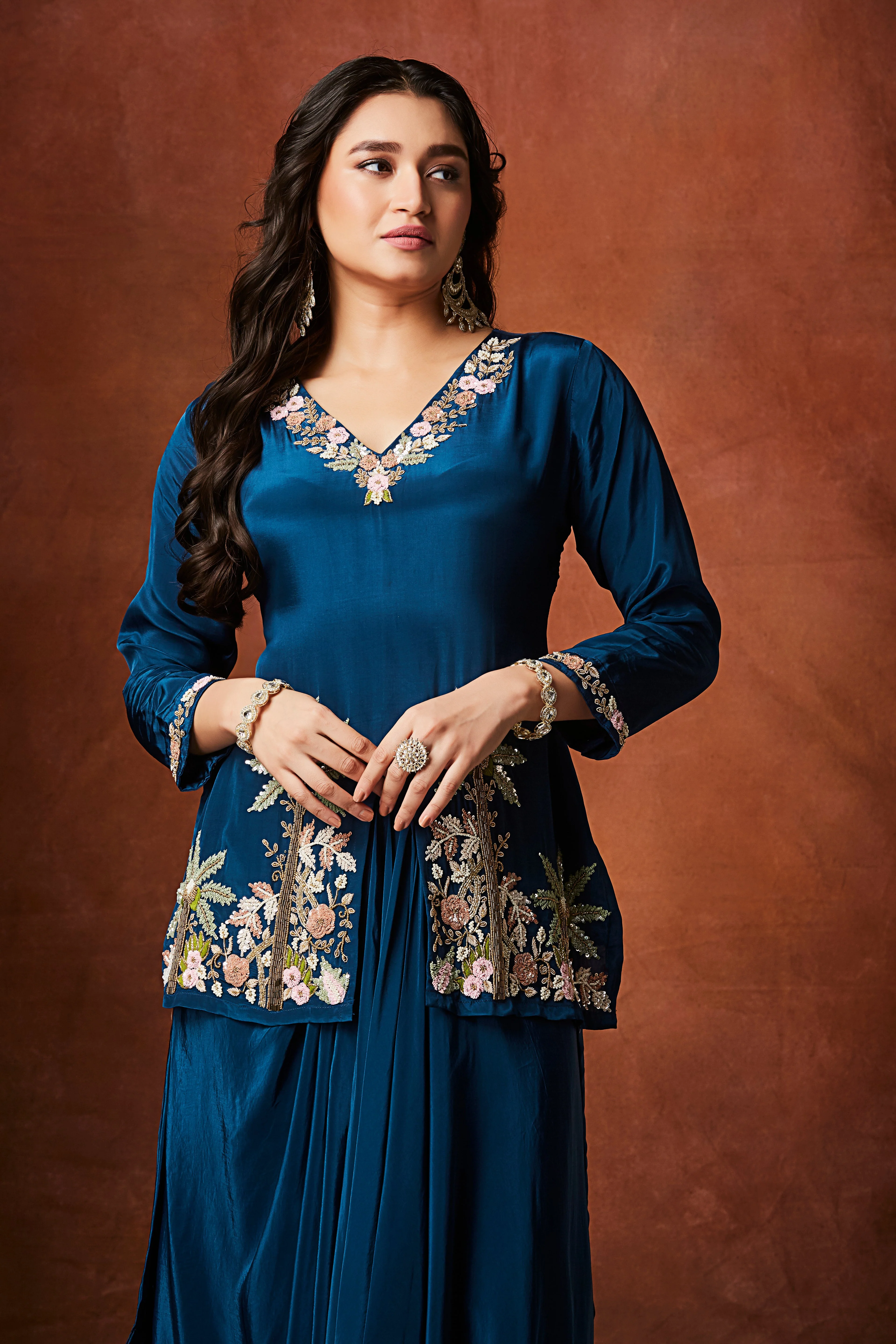Rich Blue Embellished Crepe Silk Skirt Set - Image 2