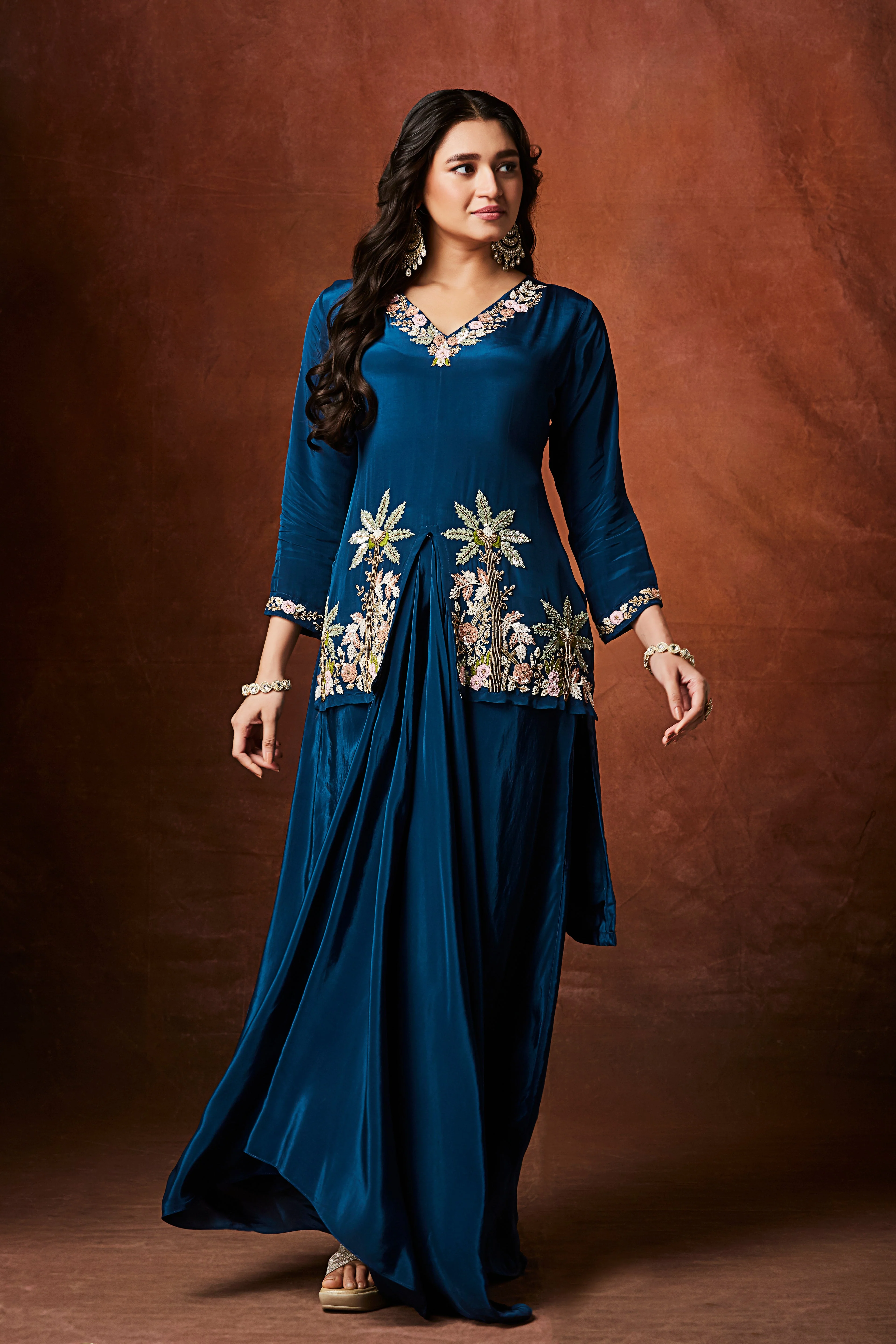 Rich Blue Embellished Crepe Silk Skirt Set - Image 3