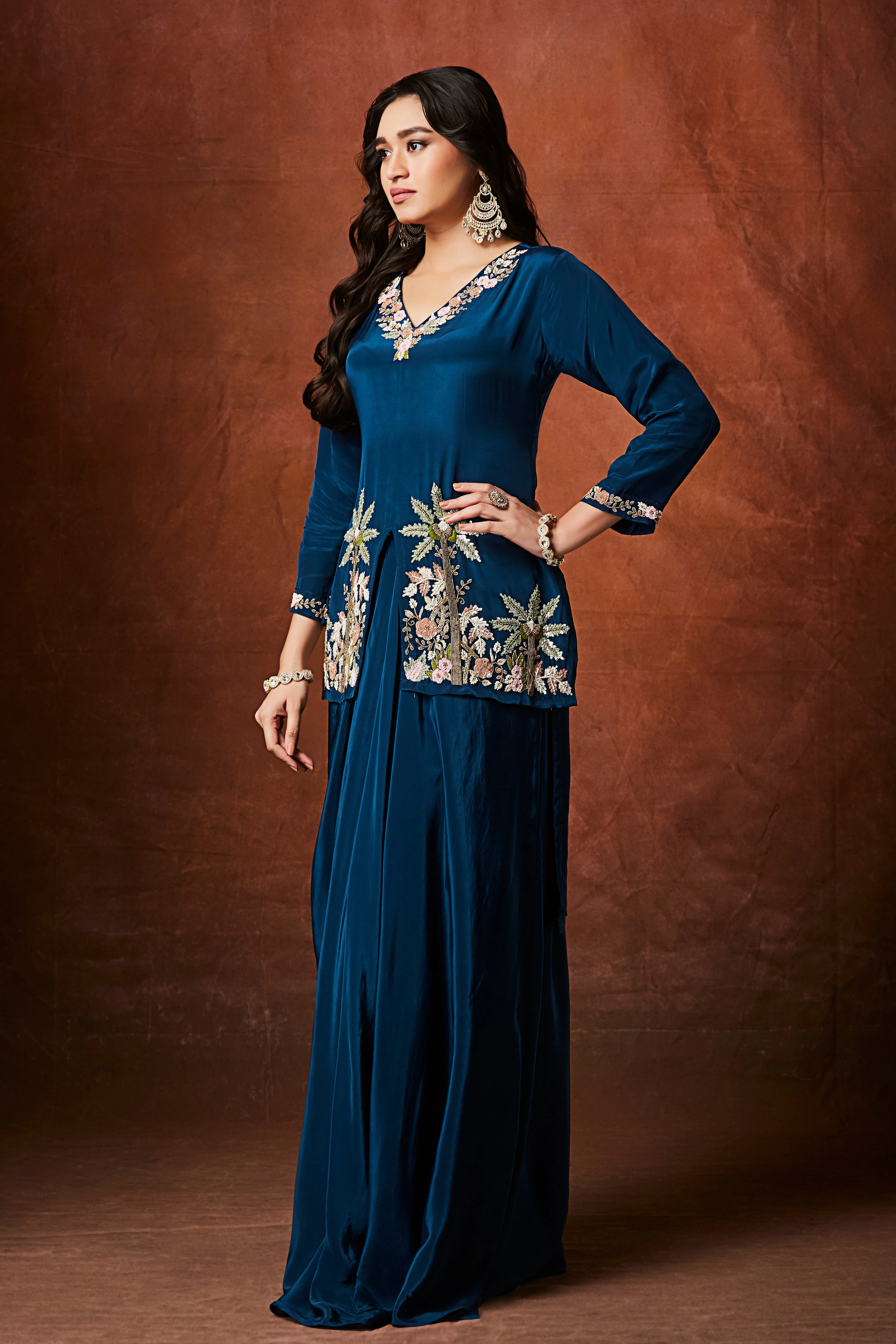 Rich Blue Embellished Crepe Silk Skirt Set - Image 4