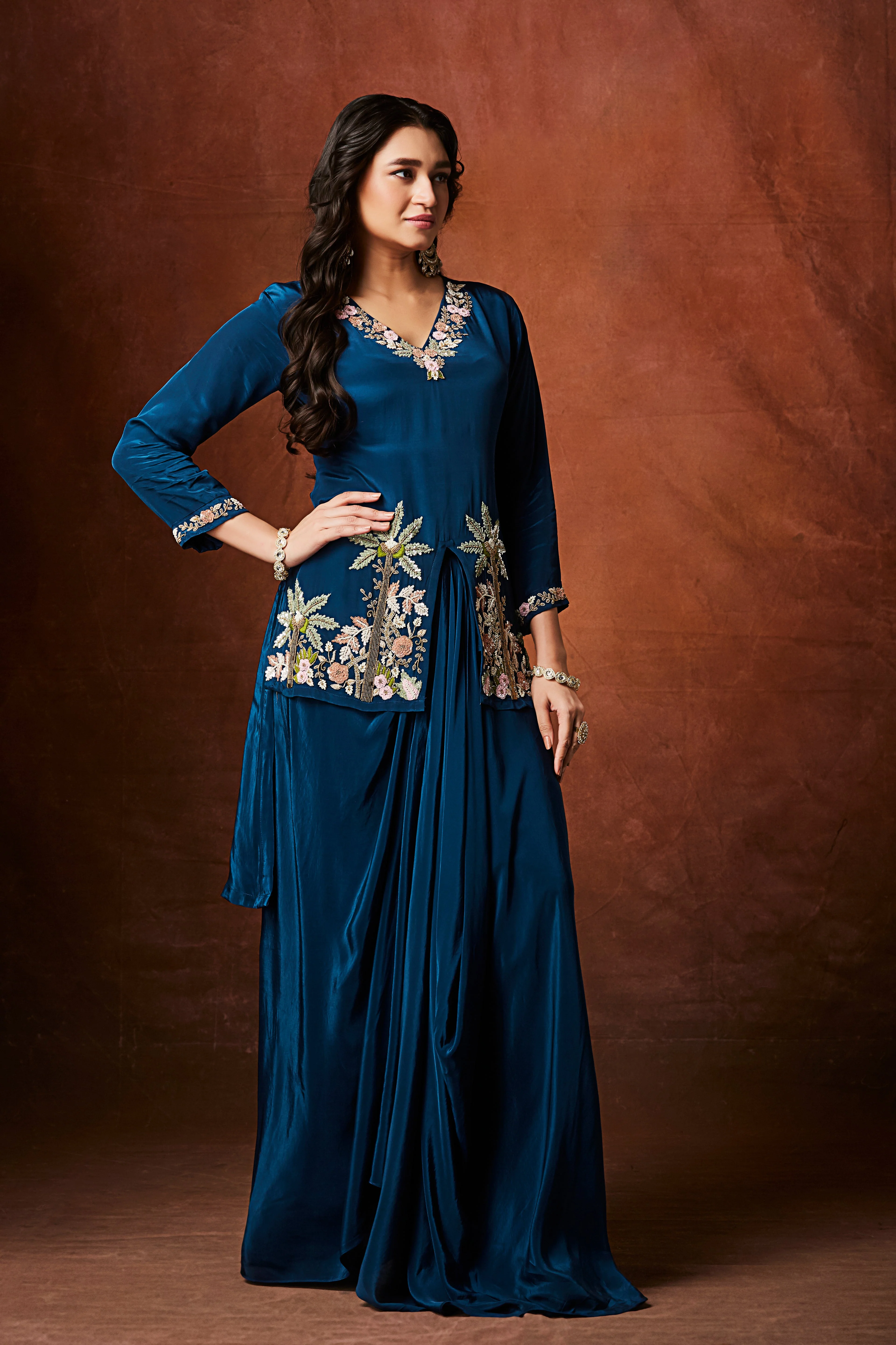 Rich Blue Embellished Crepe Silk Skirt Set - Image 5