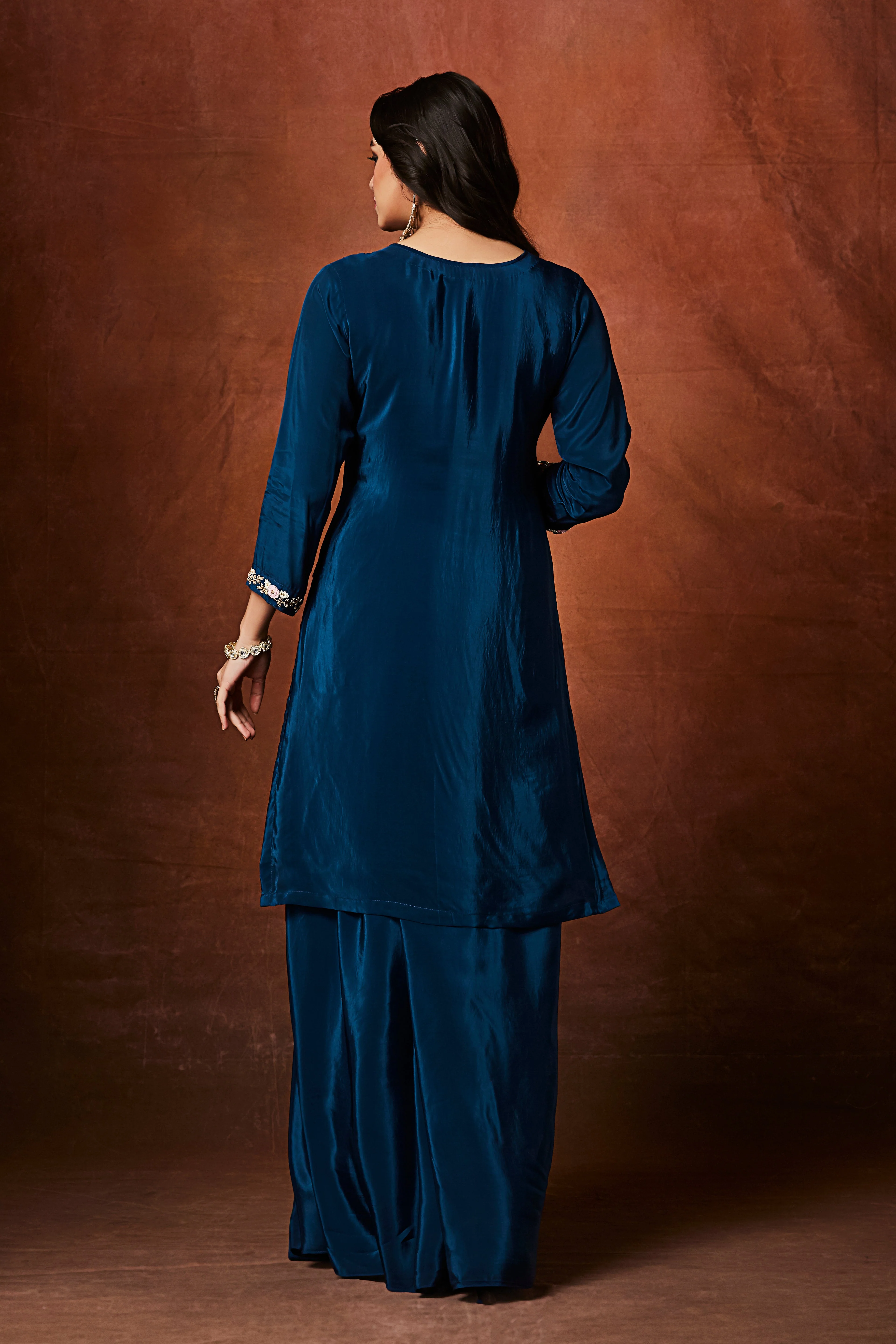 Rich Blue Embellished Crepe Silk Skirt Set - Image 6