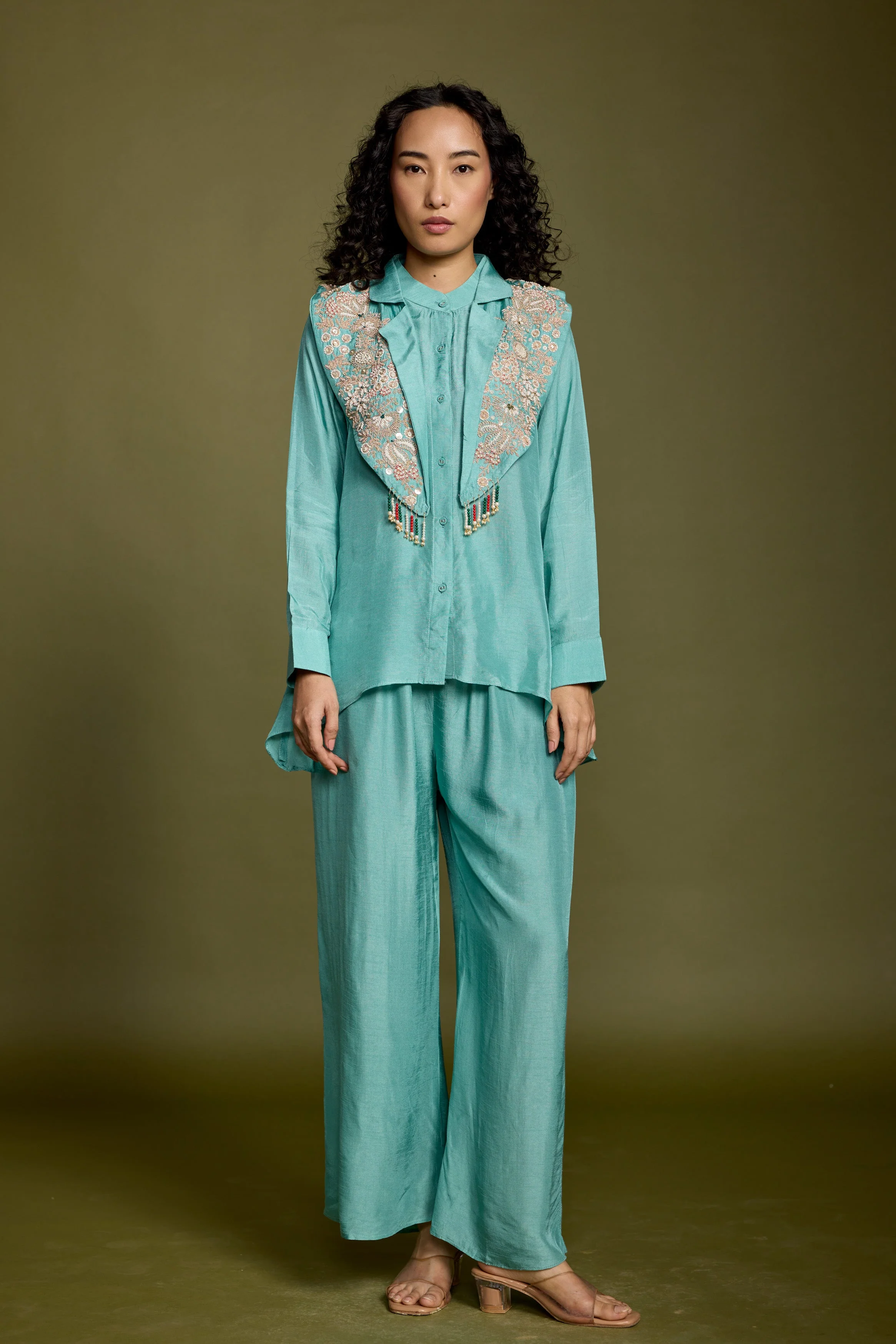 Aqua Blue Embellished Raw Silk Co-Ord Set