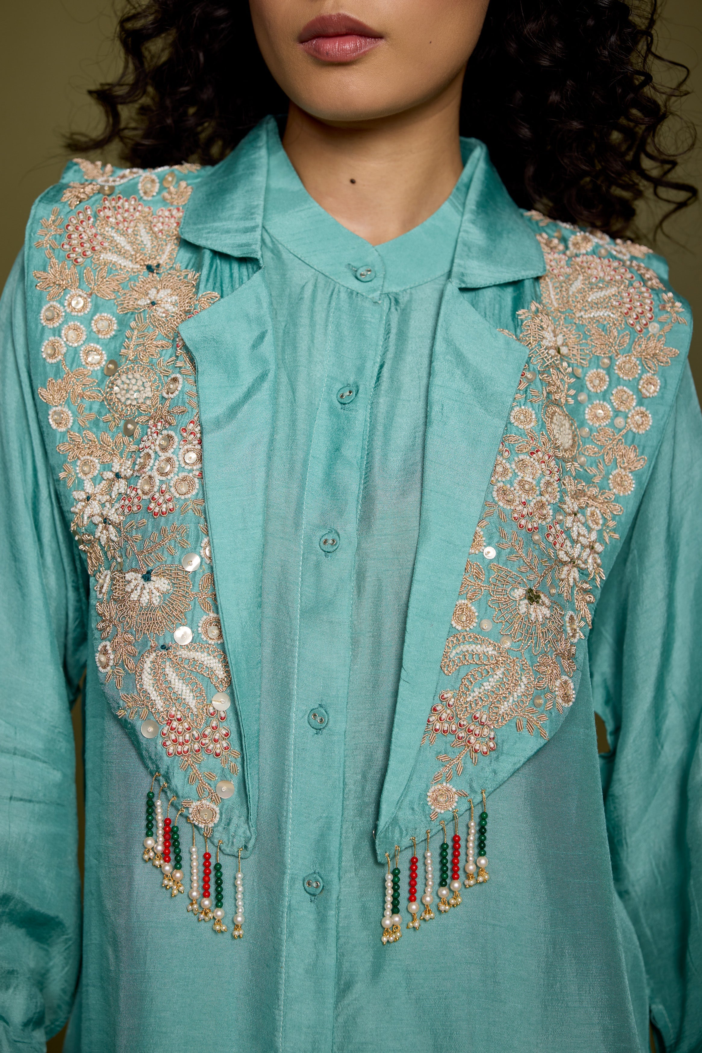 Aqua Blue Embellished Raw Silk Co-Ord Set - Image 2