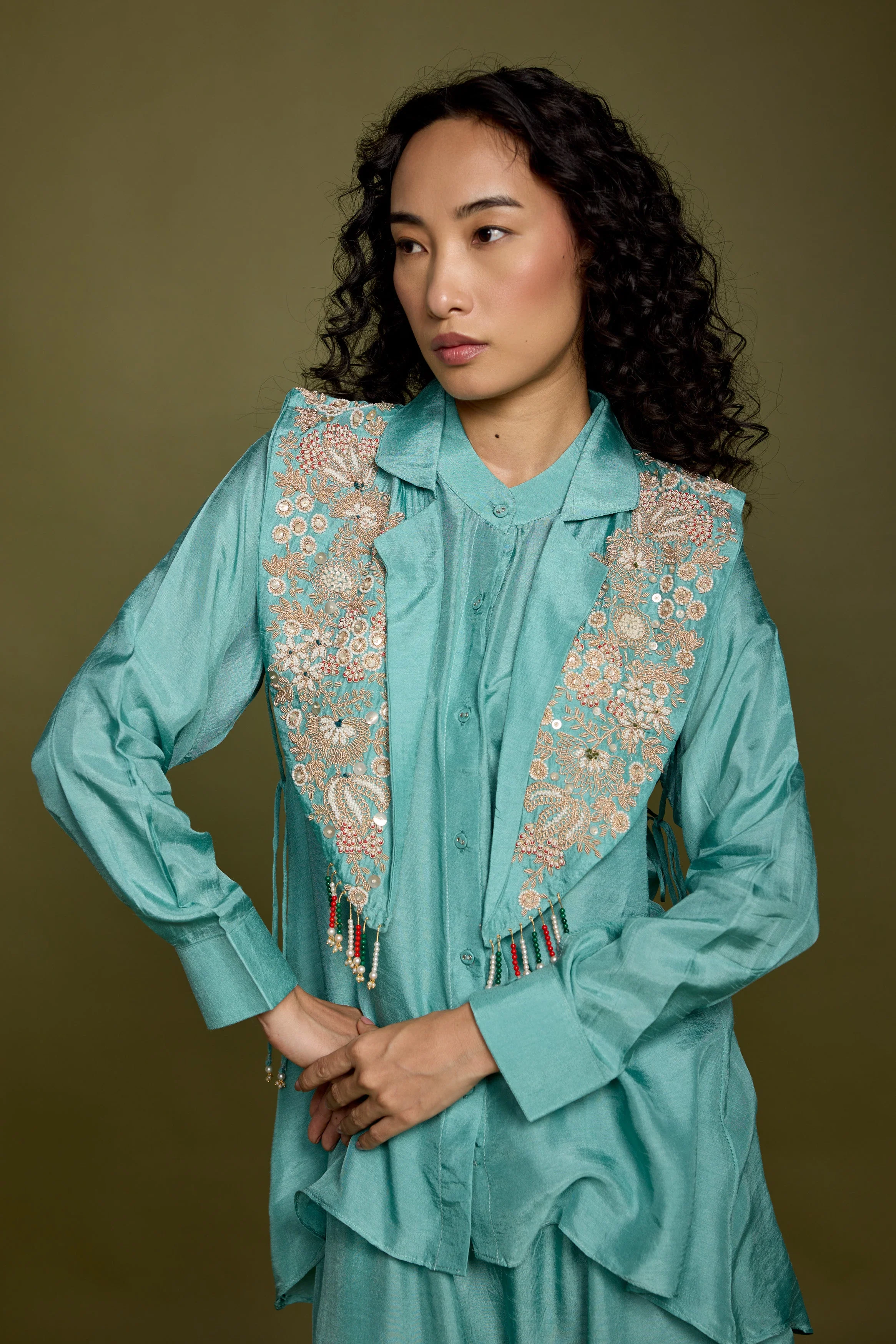 Aqua Blue Embellished Raw Silk Co-Ord Set - Image 3