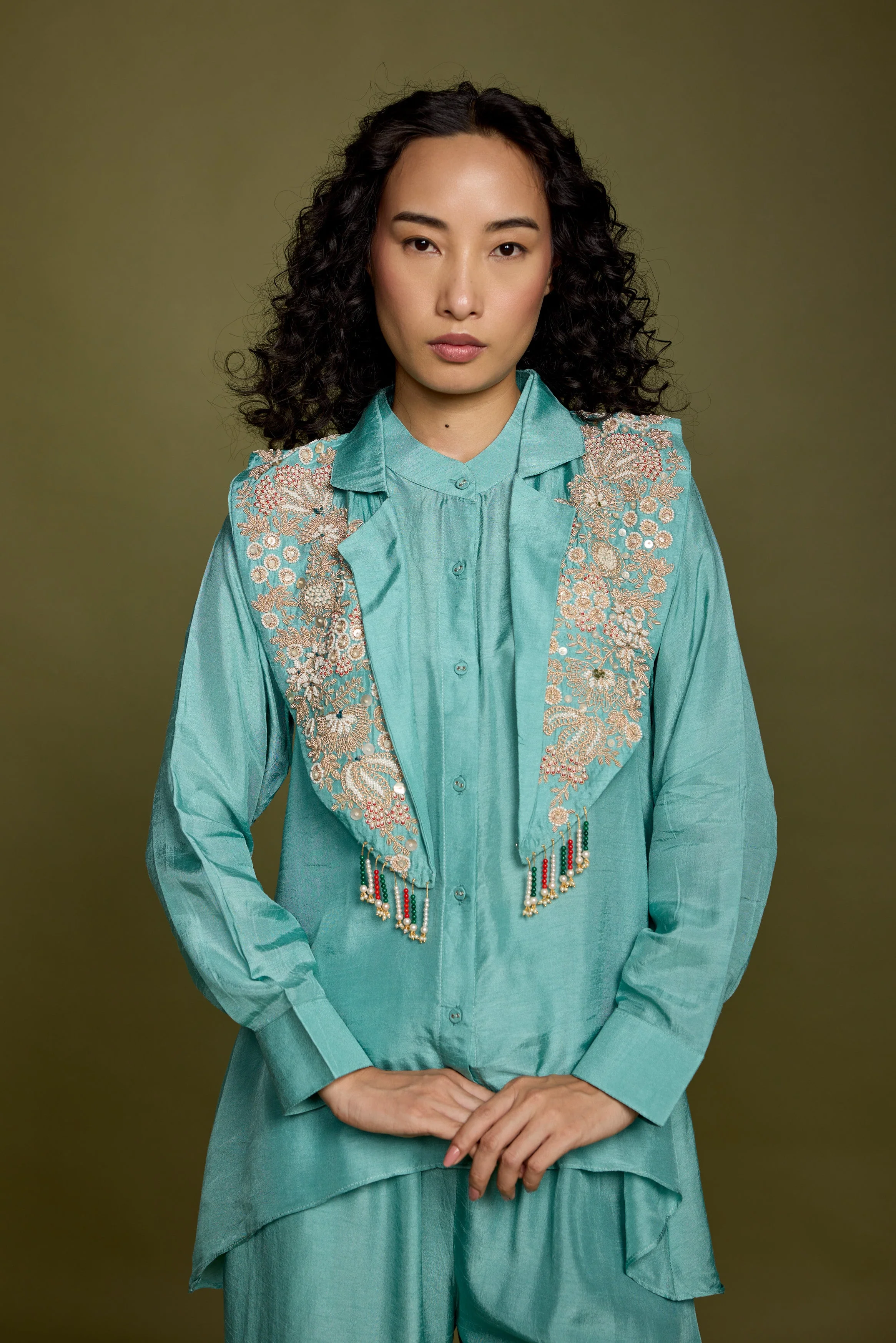 Aqua Blue Embellished Raw Silk Co-Ord Set - Image 4