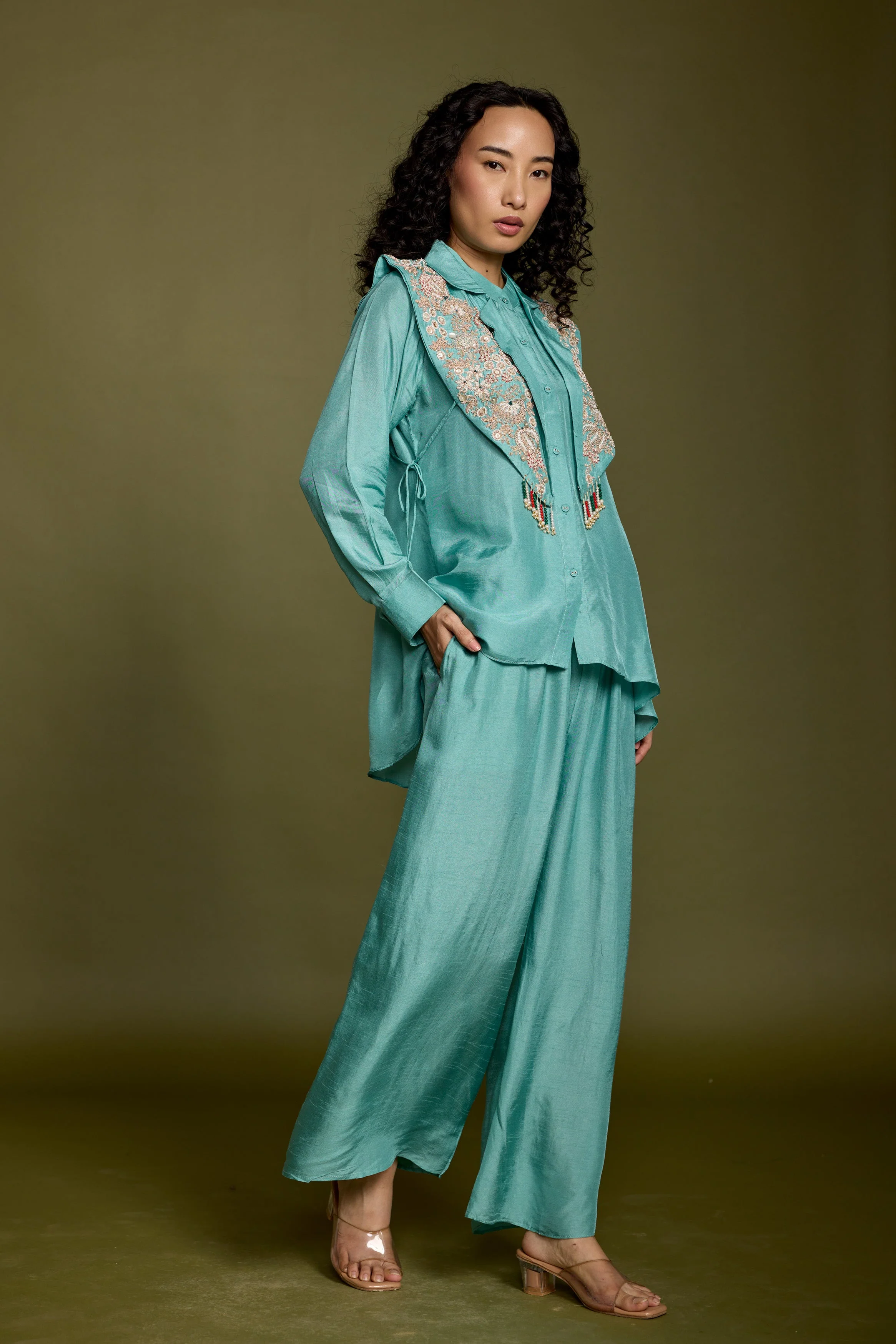 Aqua Blue Embellished Raw Silk Co-Ord Set - Image 5