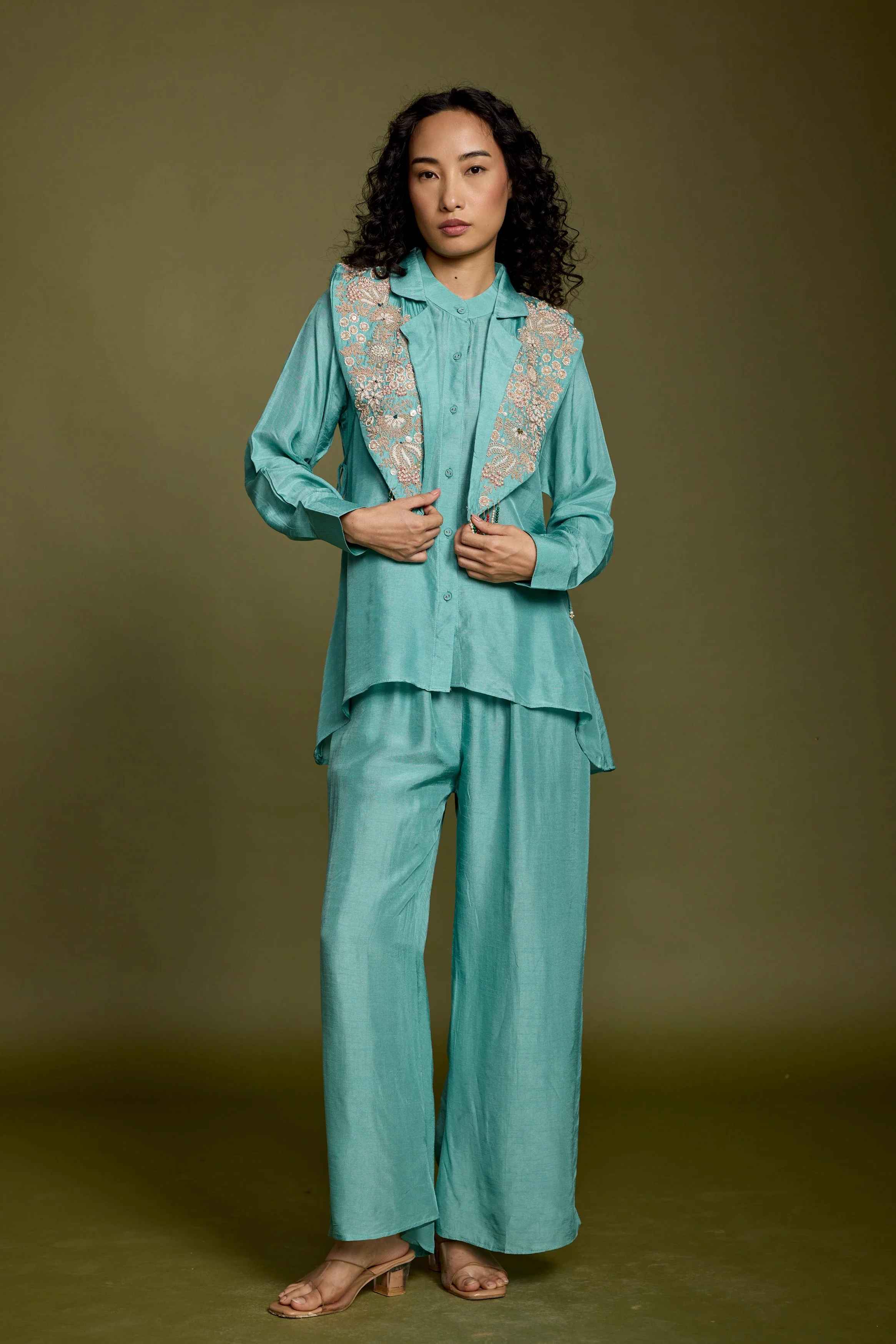 Aqua Blue Embellished Raw Silk Co-Ord Set - Image 6