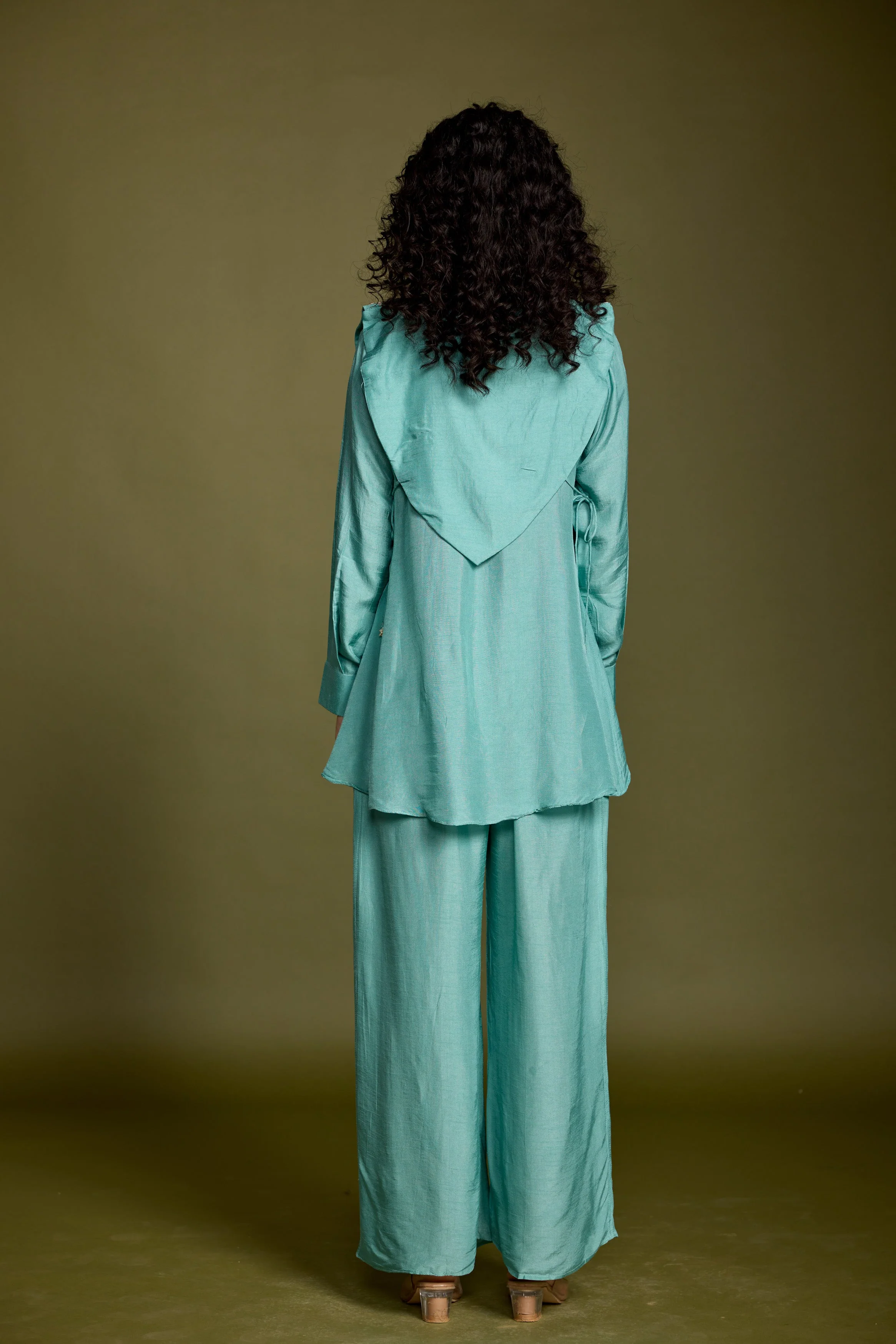 Aqua Blue Embellished Raw Silk Co-Ord Set - Image 7
