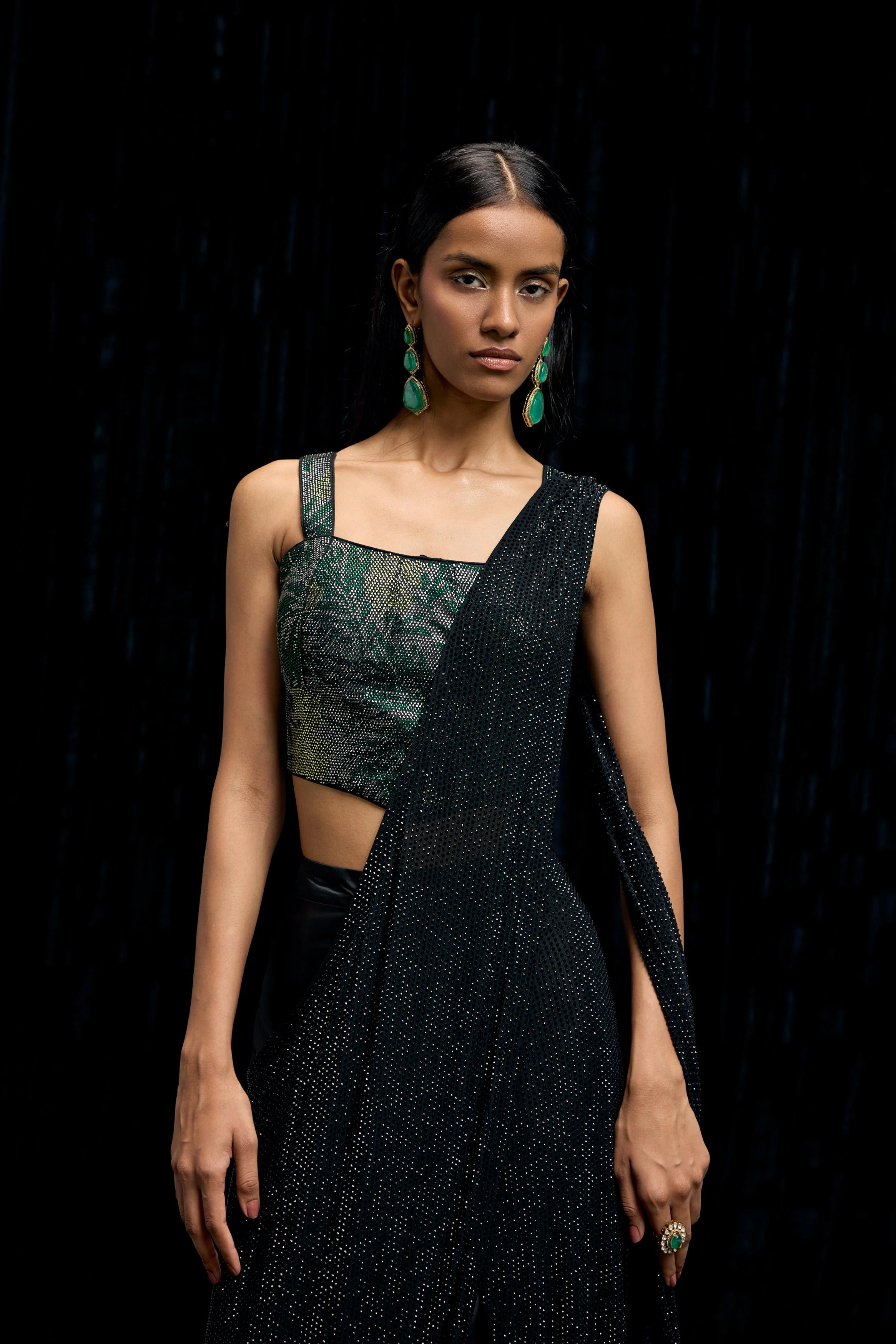 Rich Black Embellished Satin Silk Drape Saree - Image 3