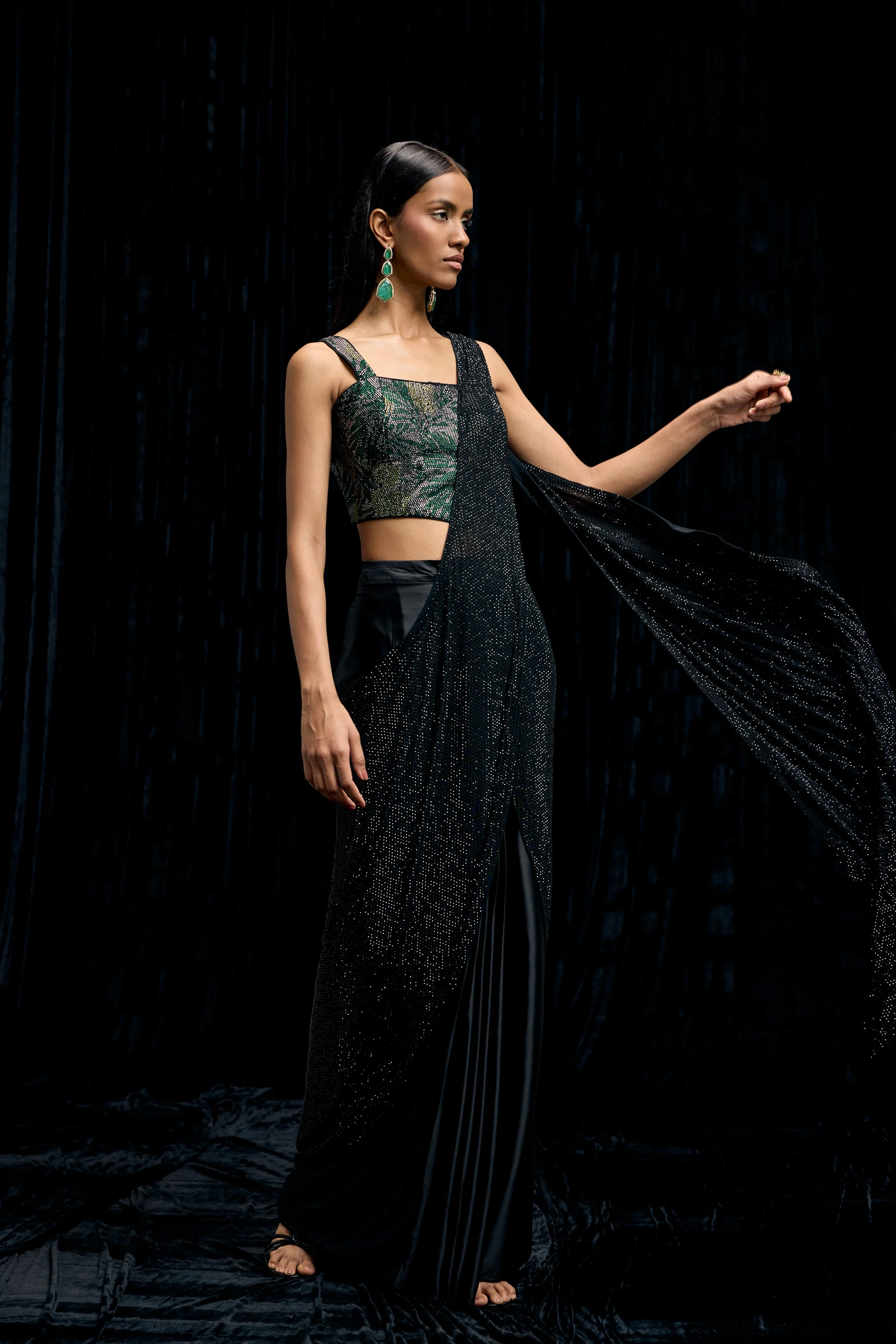 Rich Black Embellished Satin Silk Drape Saree - Image 4