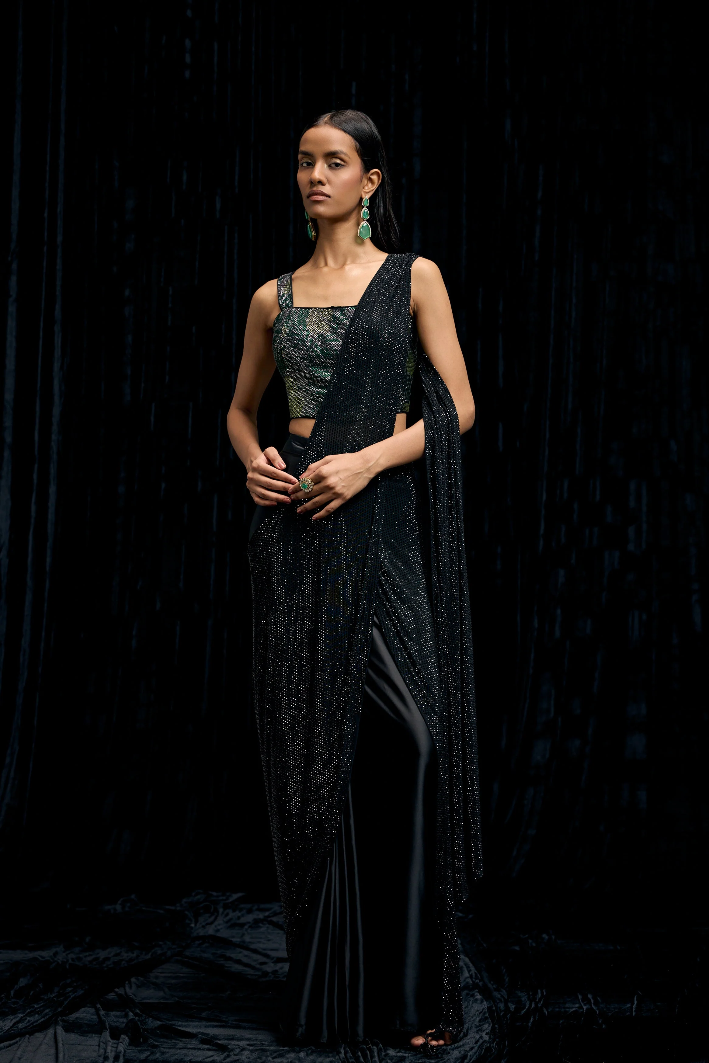 Rich Black Embellished Satin Silk Drape Saree - Image 5