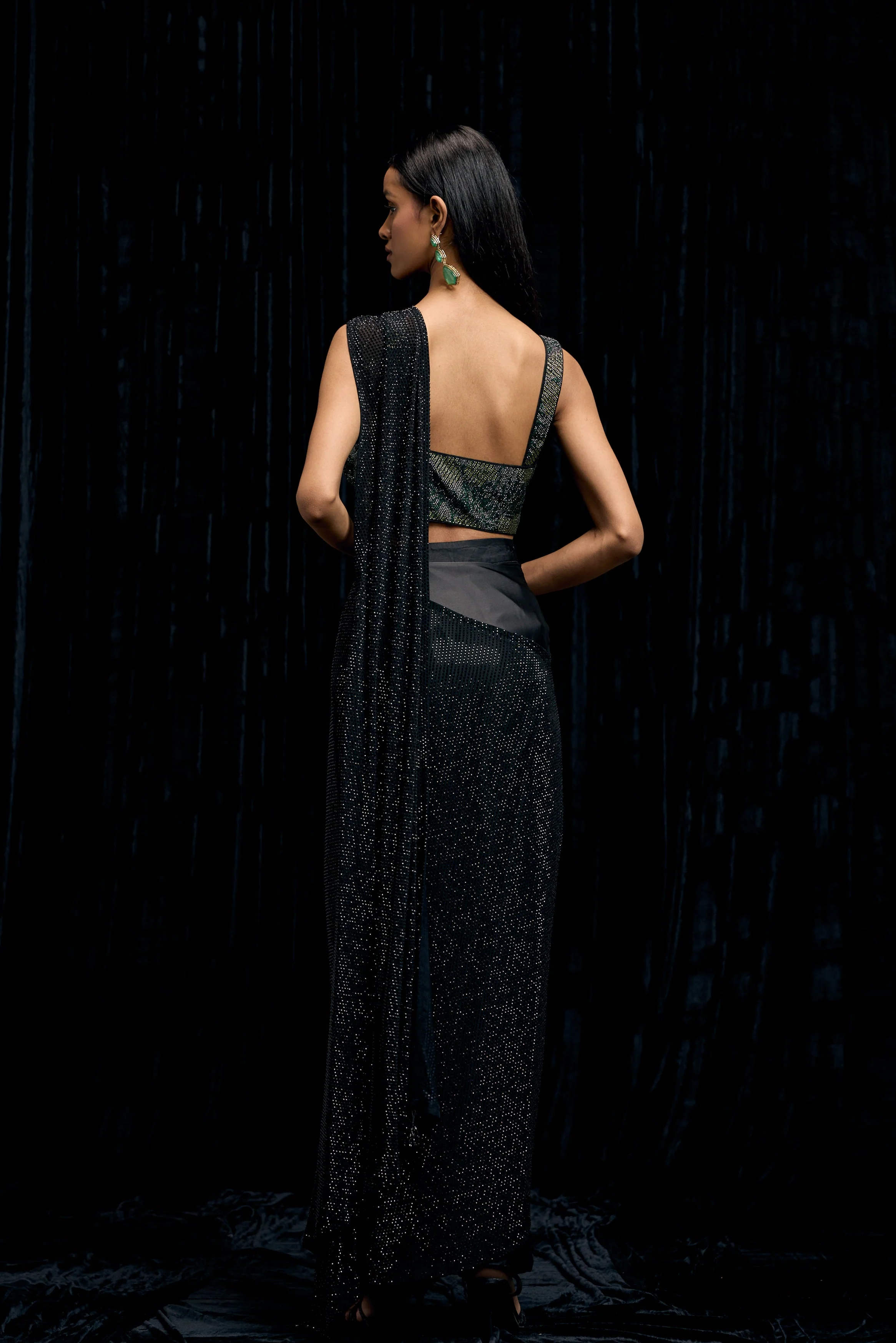 Rich Black Embellished Satin Silk Drape Saree - Image 6
