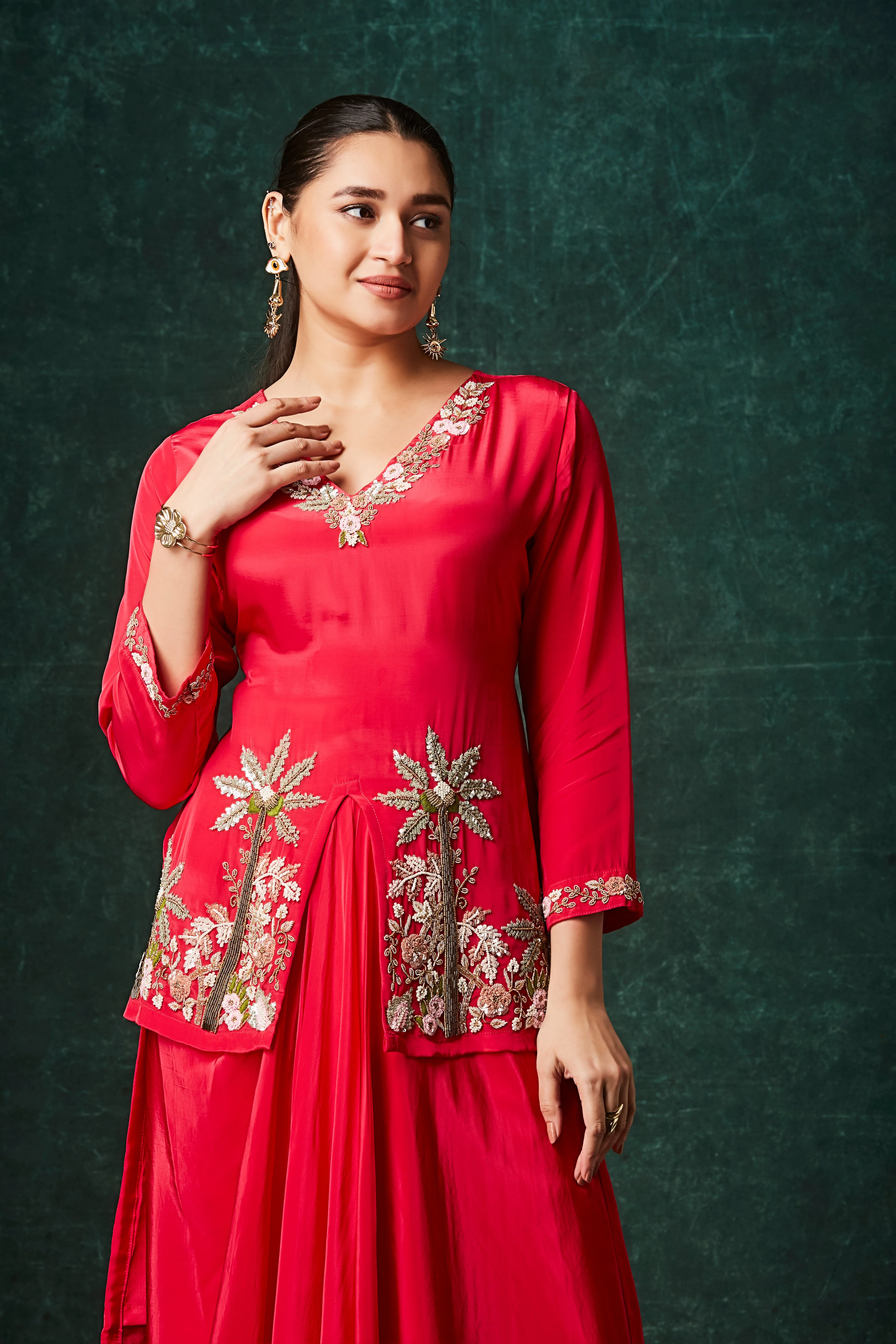 Rose Red Embellished Crepe Silk Skirt Set - Image 2