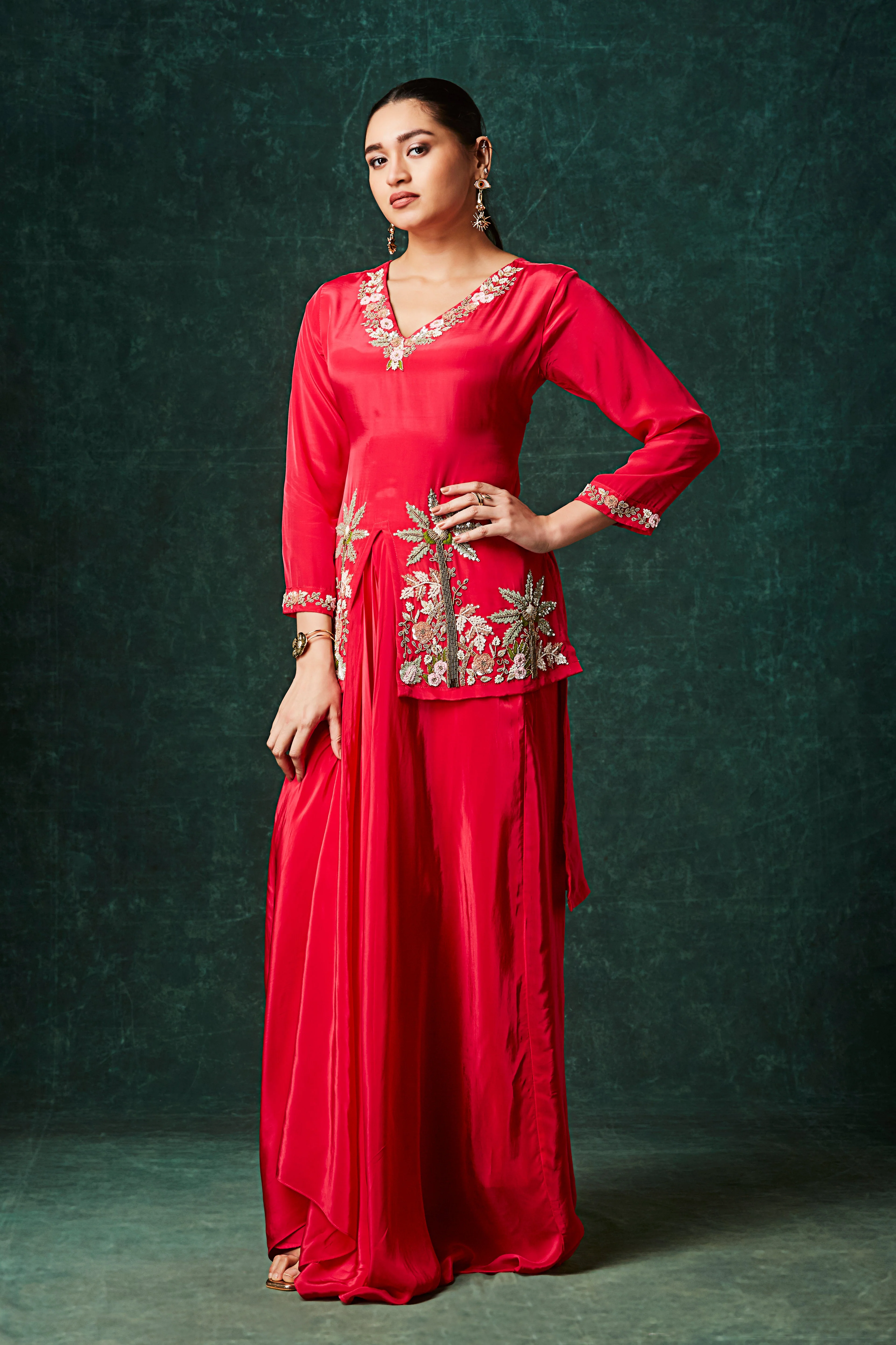 Rose Red Embellished Crepe Silk Skirt Set - Image 3