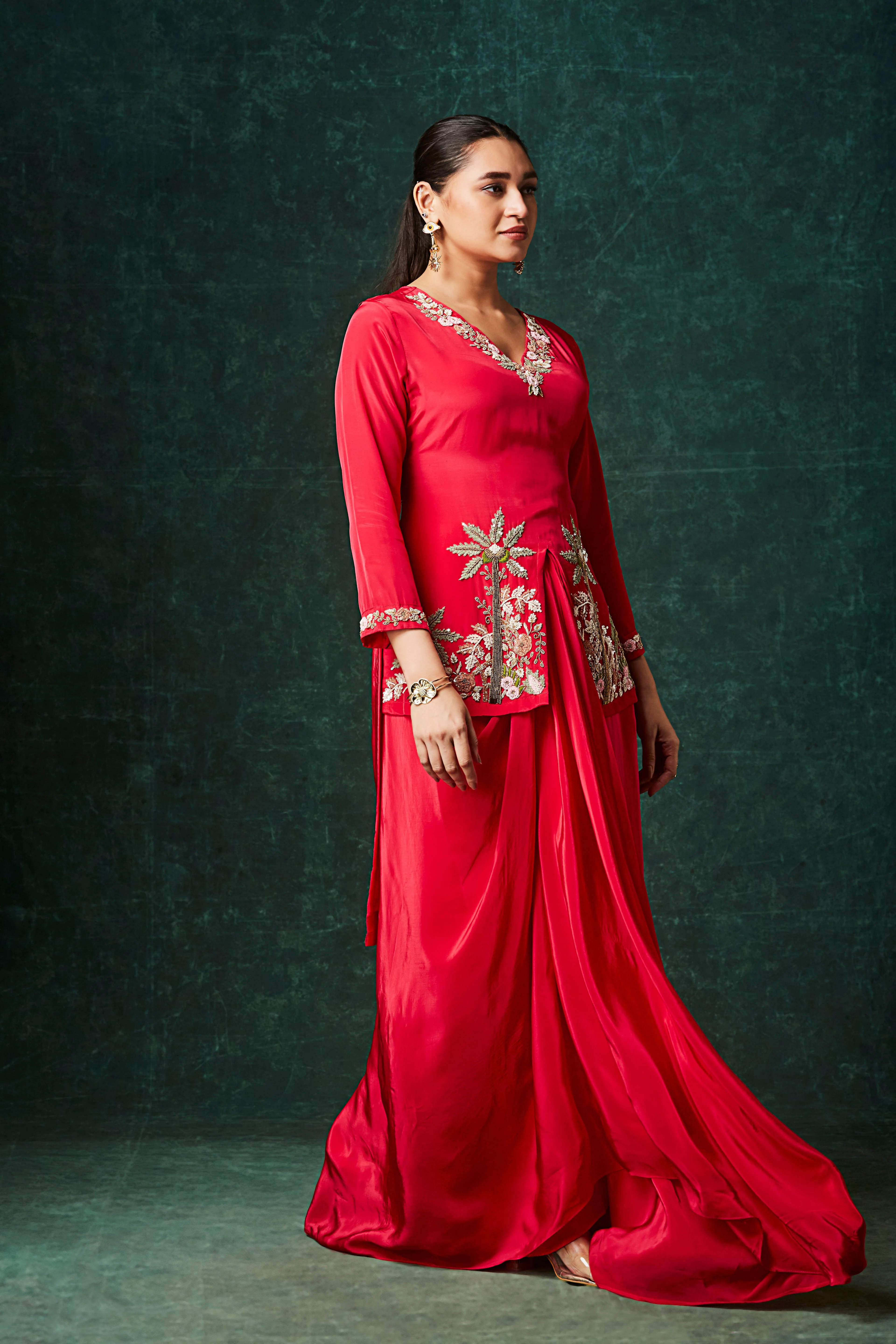 Rose Red Embellished Crepe Silk Skirt Set - Image 4