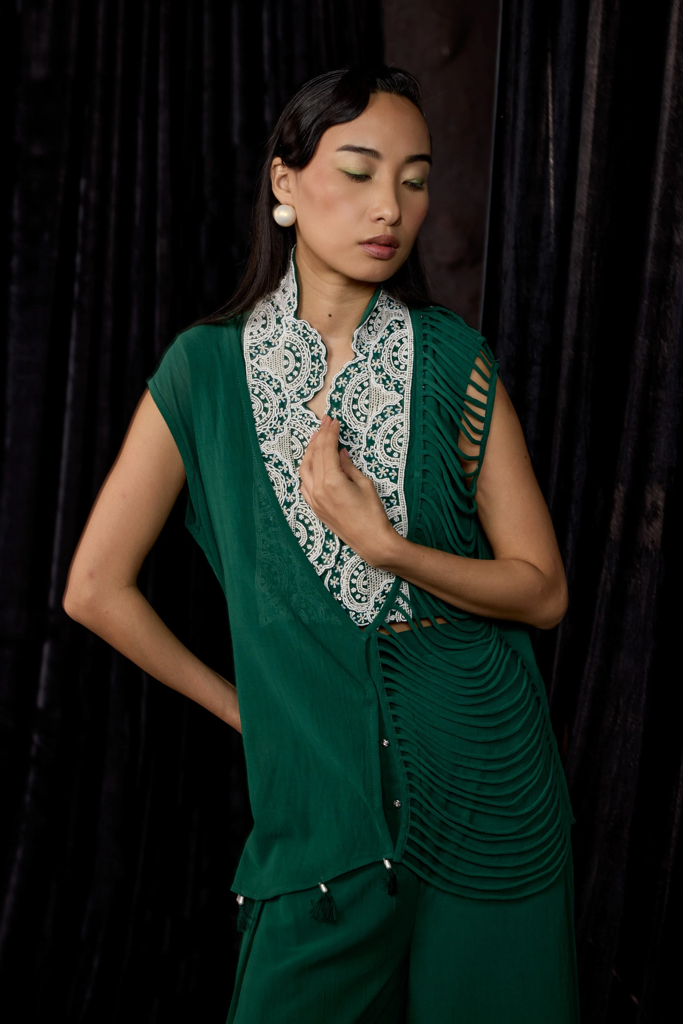 Rich Green Embellished Georgette Silk Co-Ord Set - Image 3