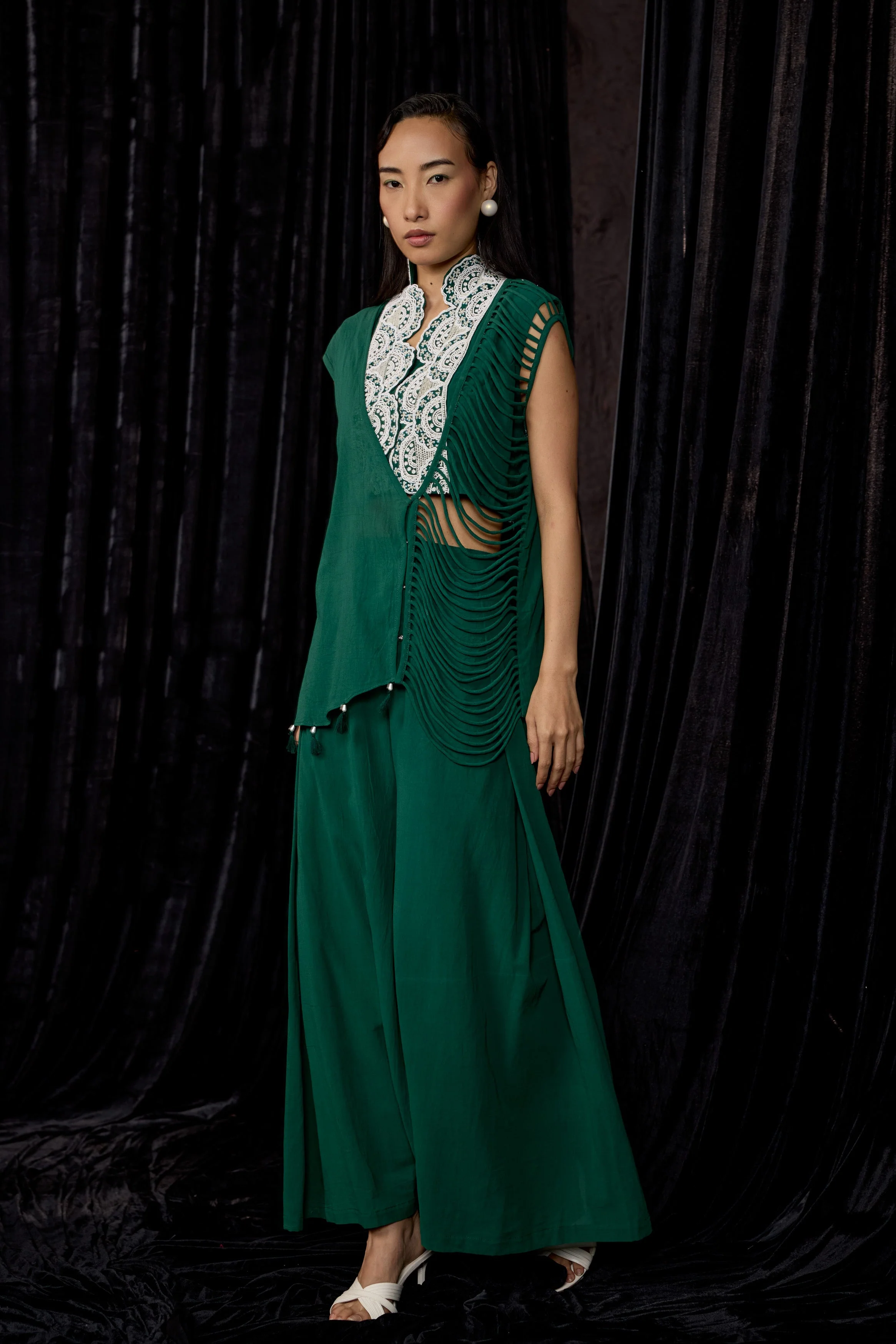 Rich Green Embellished Georgette Silk Co-Ord Set - Image 4