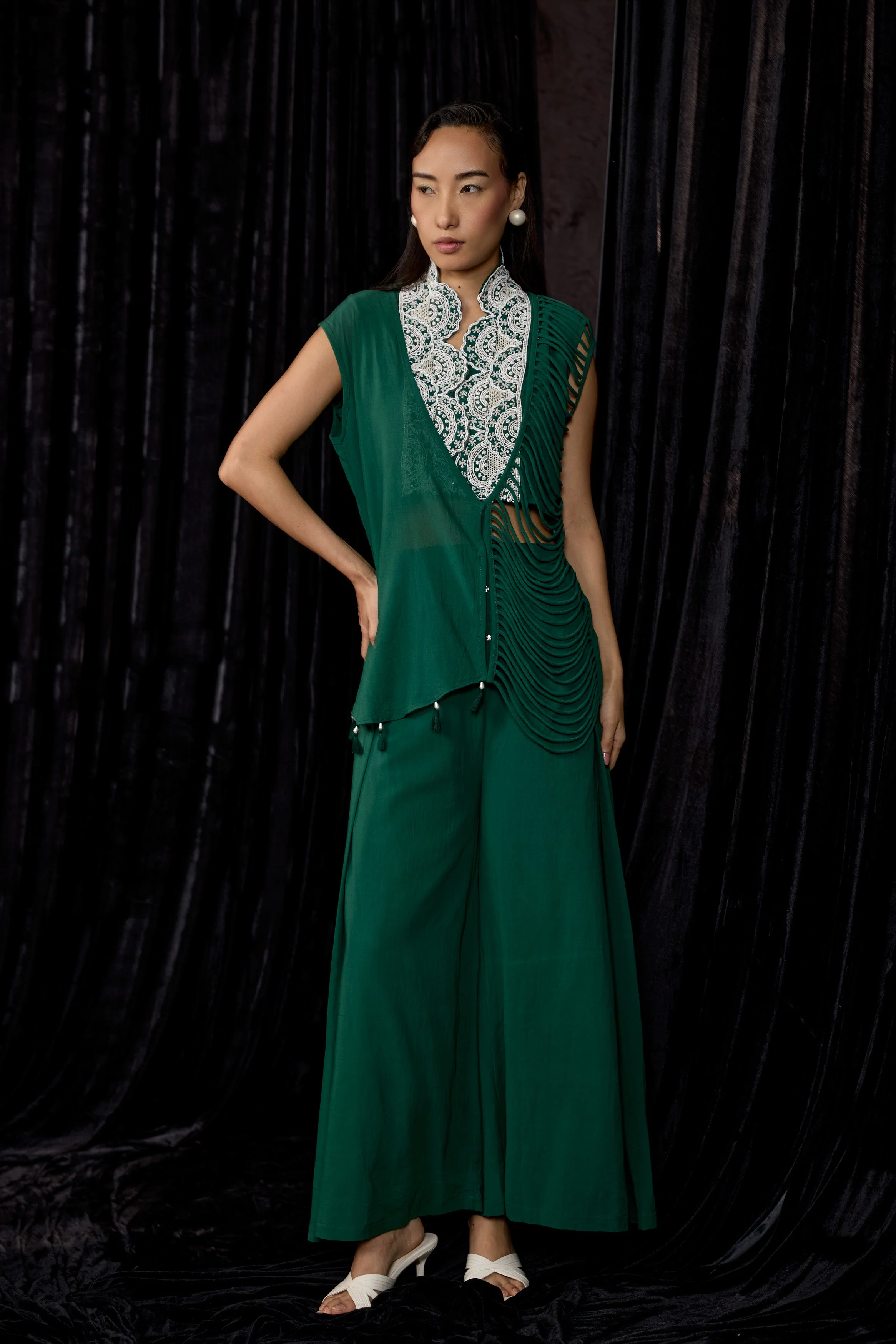 Rich Green Embellished Georgette Silk Co-Ord Set - Image 5