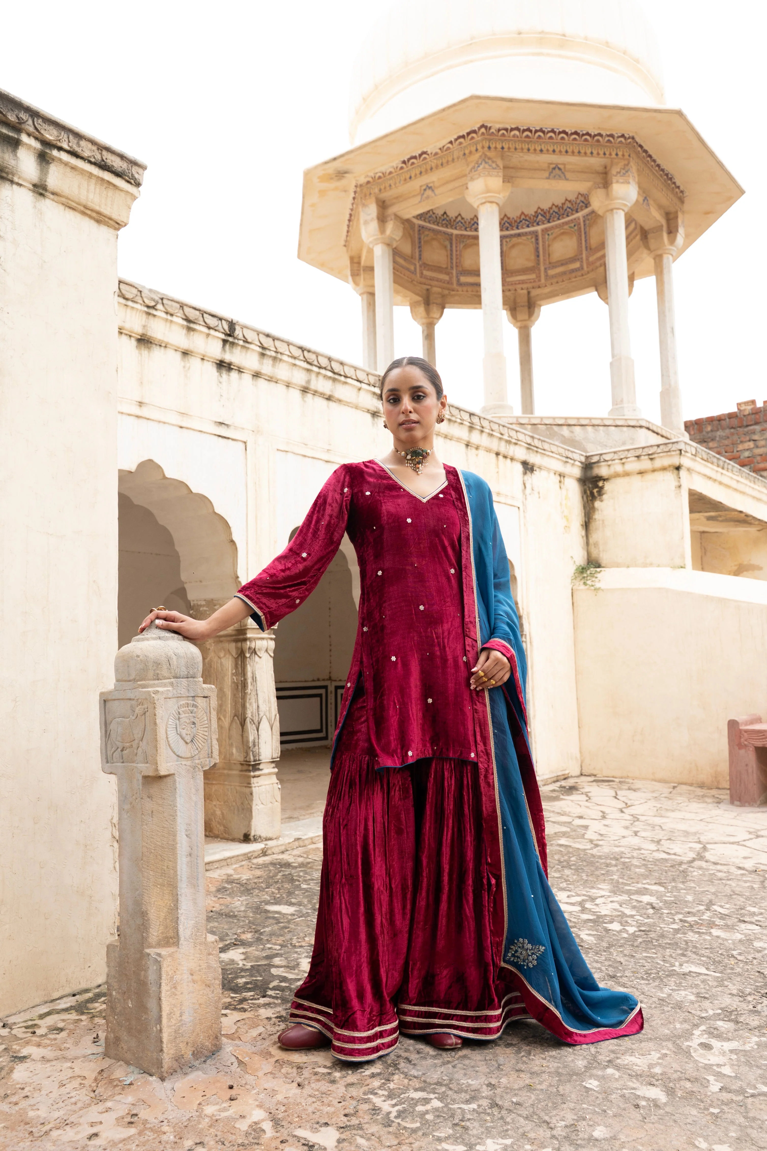 Rich Maroon Embellished Premium Velvet Sharara Set