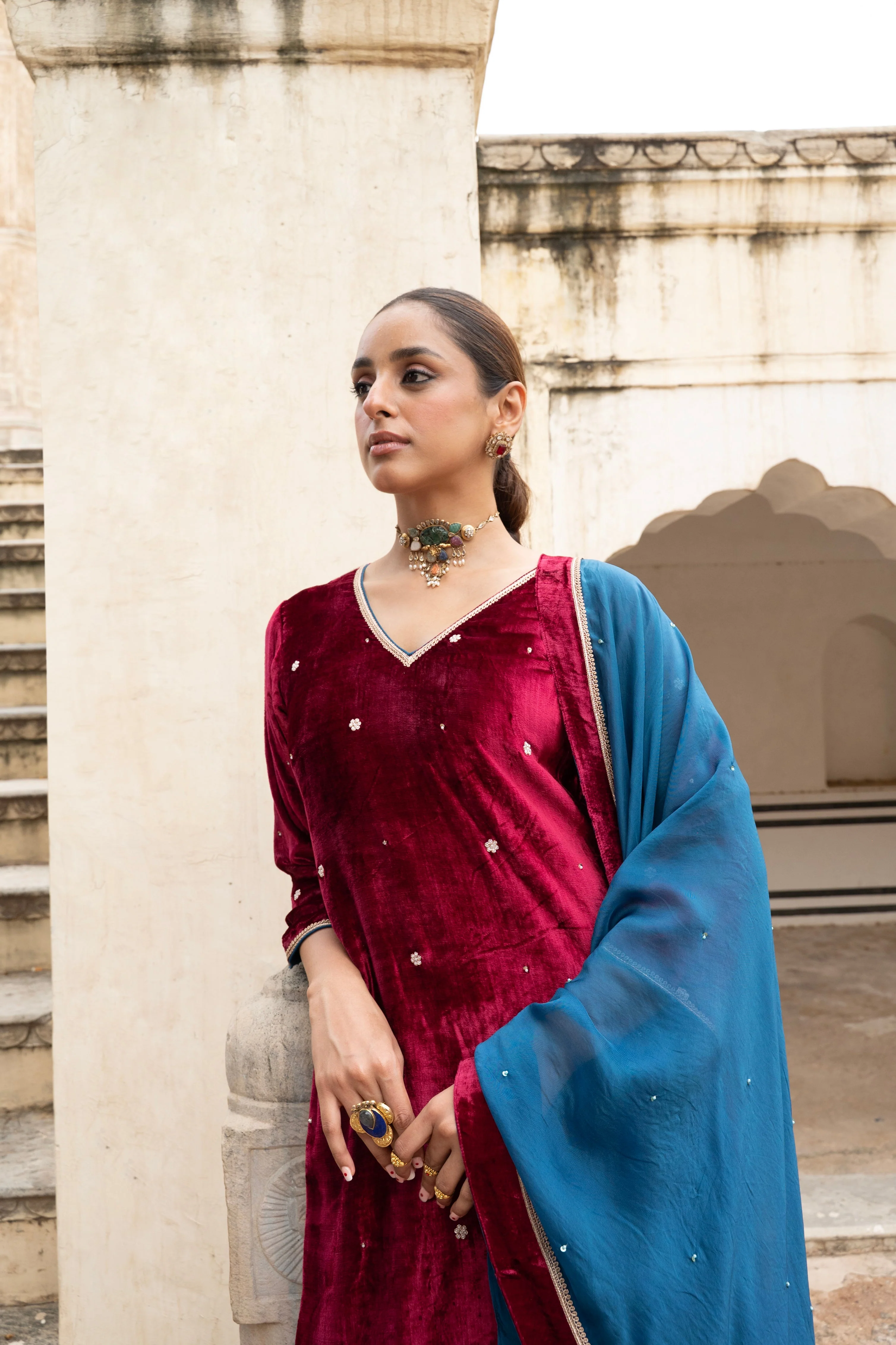 Rich Maroon Embellished Premium Velvet Sharara Set - Image 2
