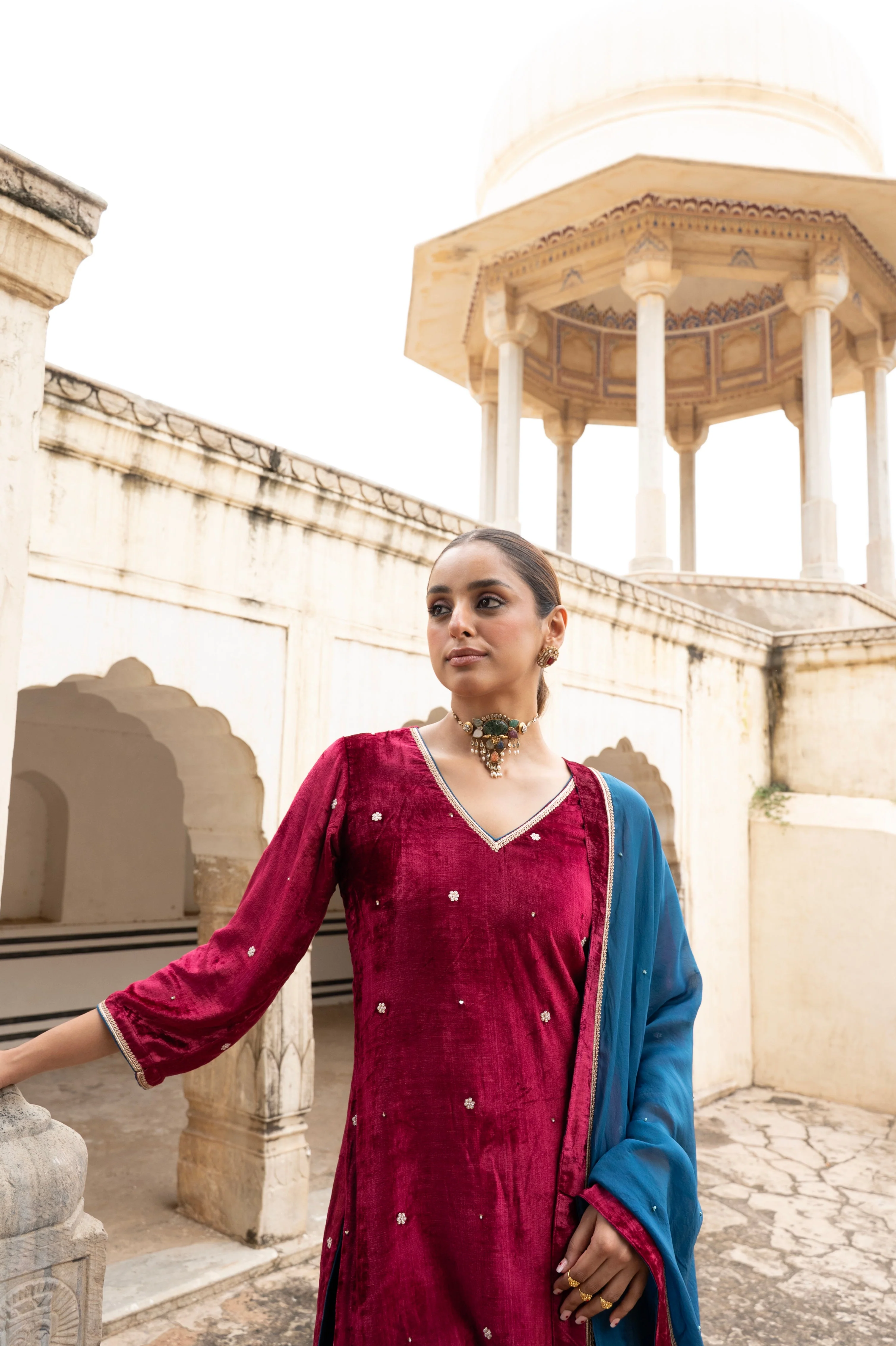 Rich Maroon Embellished Premium Velvet Sharara Set - Image 3