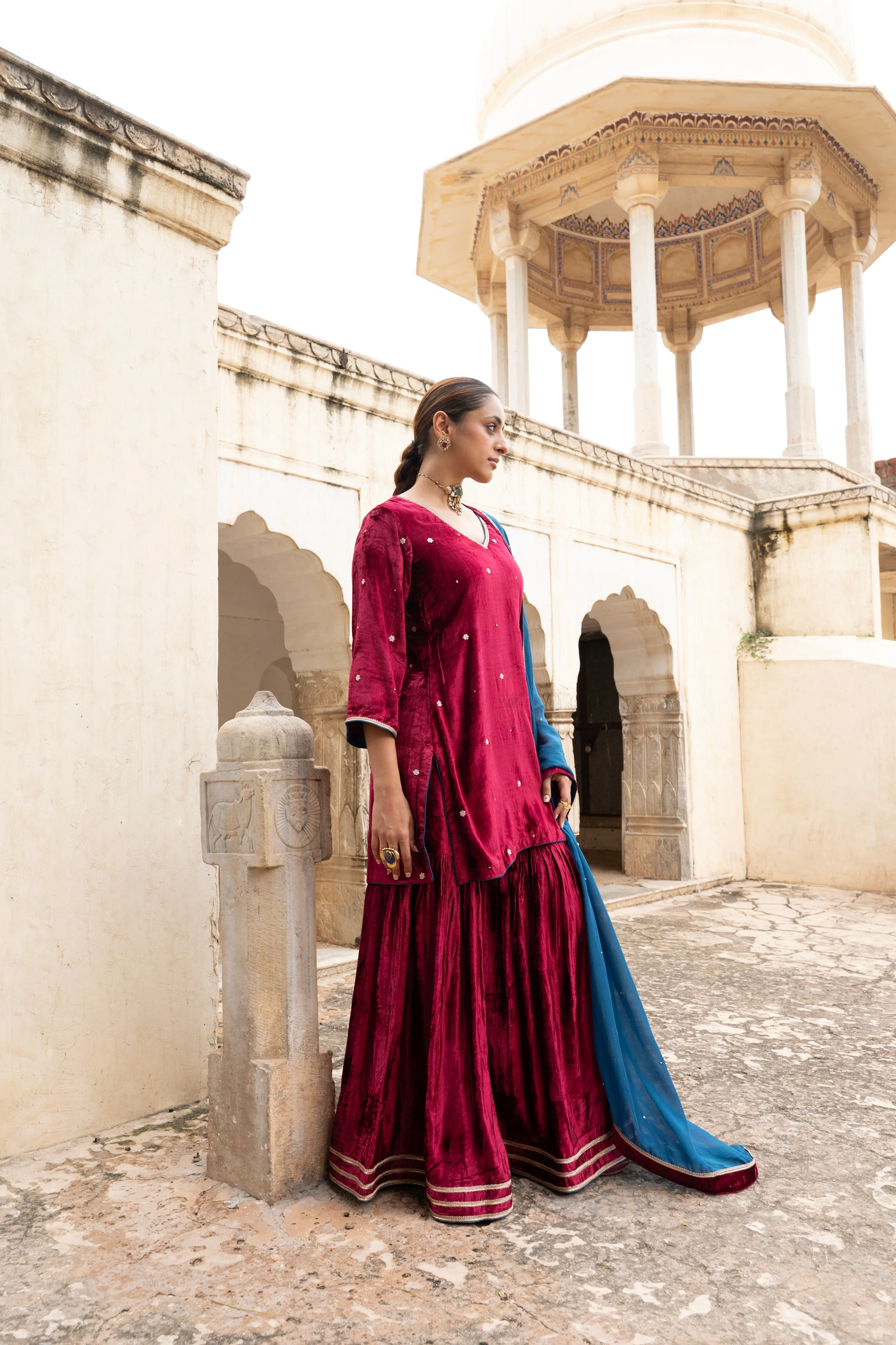 Rich Maroon Embellished Premium Velvet Sharara Set - Image 4