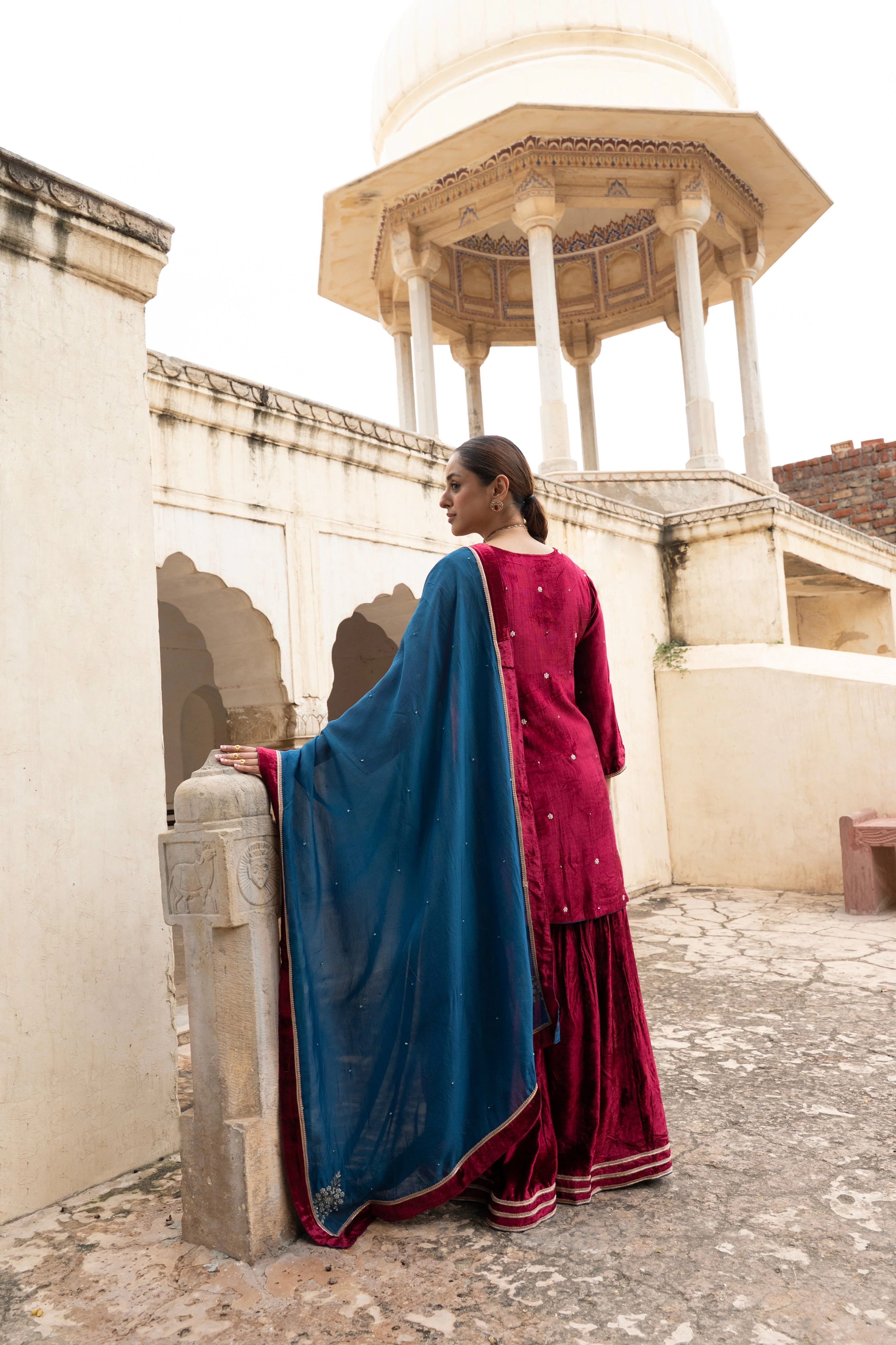 Rich Maroon Embellished Premium Velvet Sharara Set - Image 5
