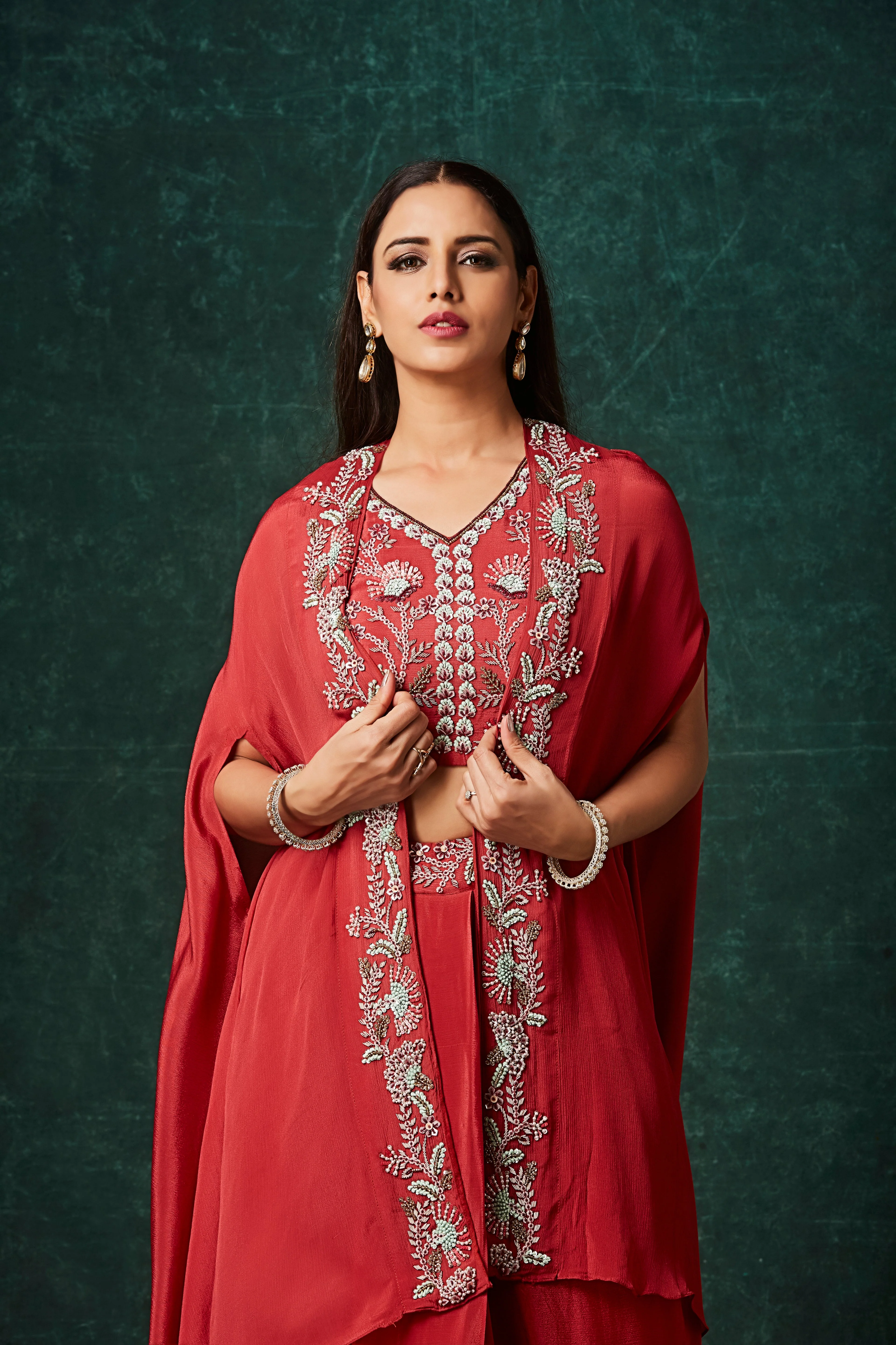 Dark Red Embellished Chinon Silk Cape Set - Image 2
