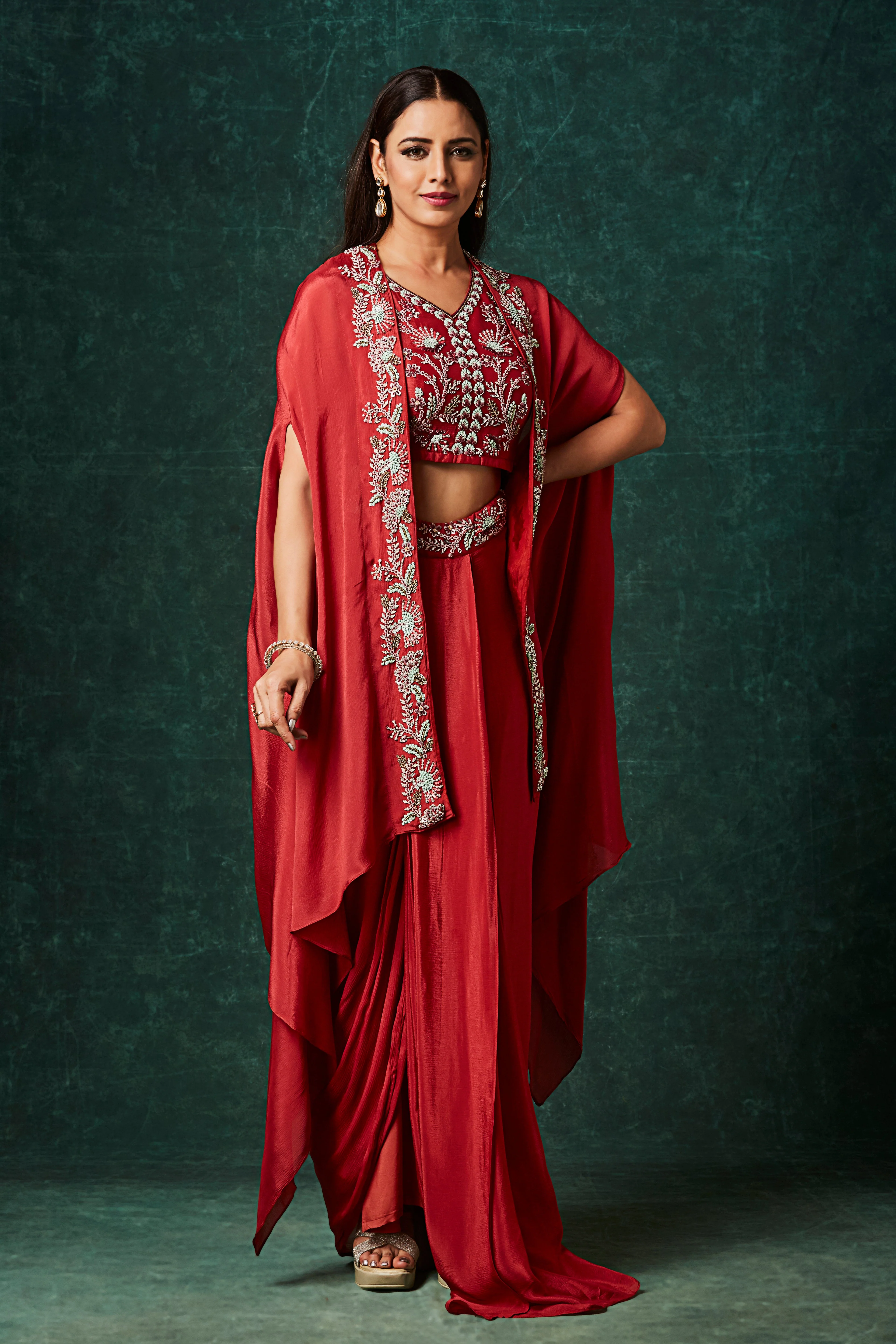 Dark Red Embellished Chinon Silk Cape Set - Image 3
