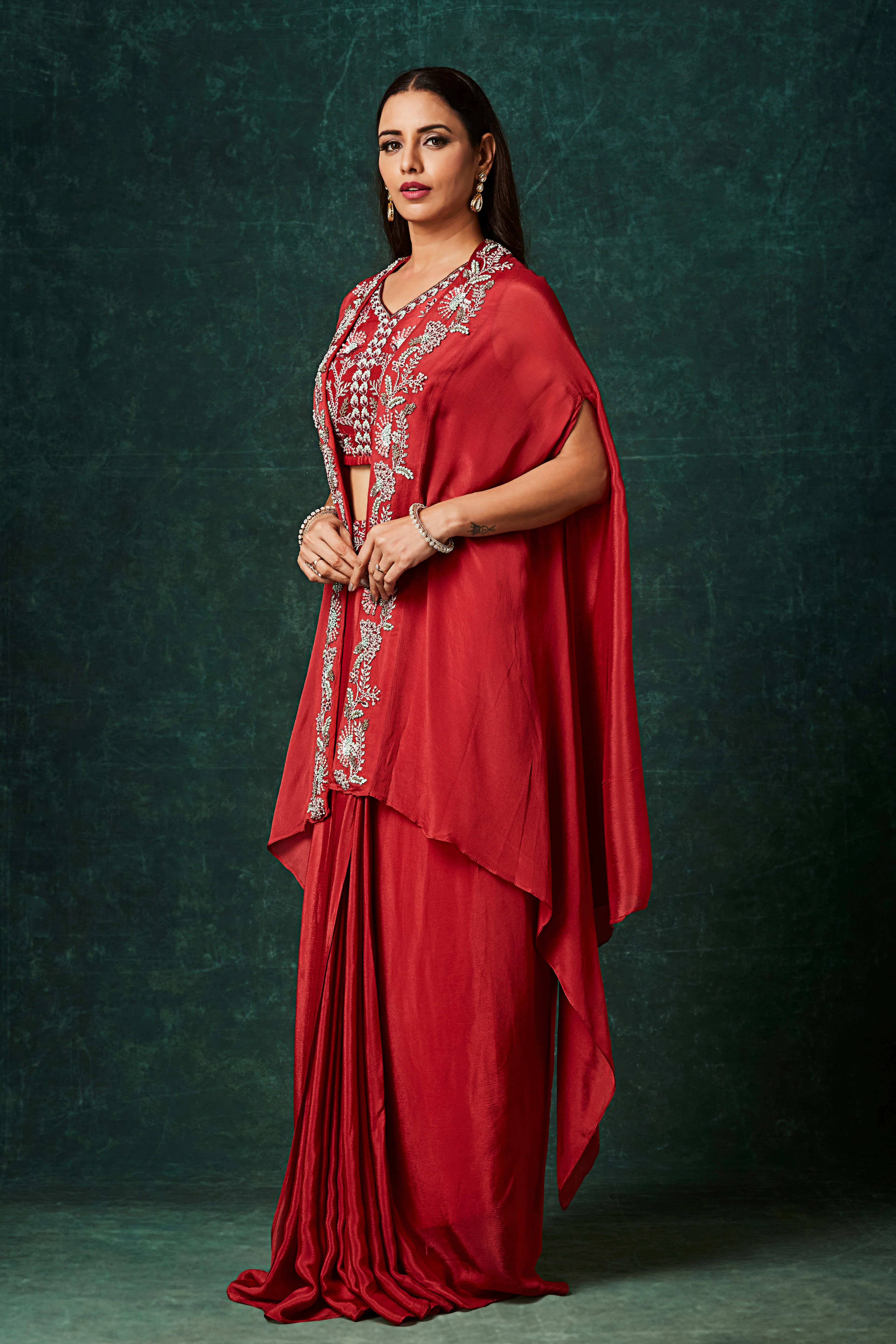 Dark Red Embellished Chinon Silk Cape Set - Image 4