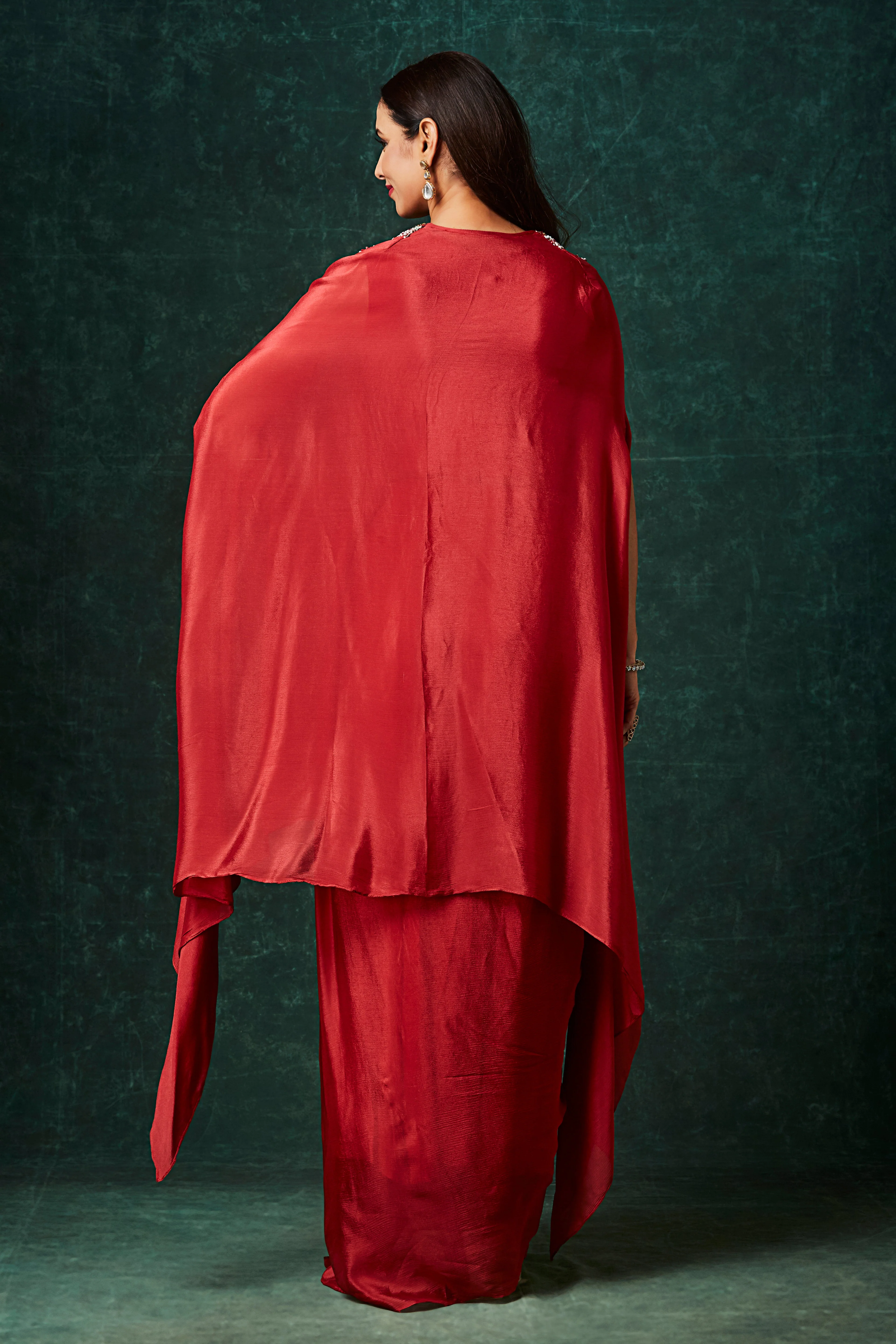 Dark Red Embellished Chinon Silk Cape Set - Image 5