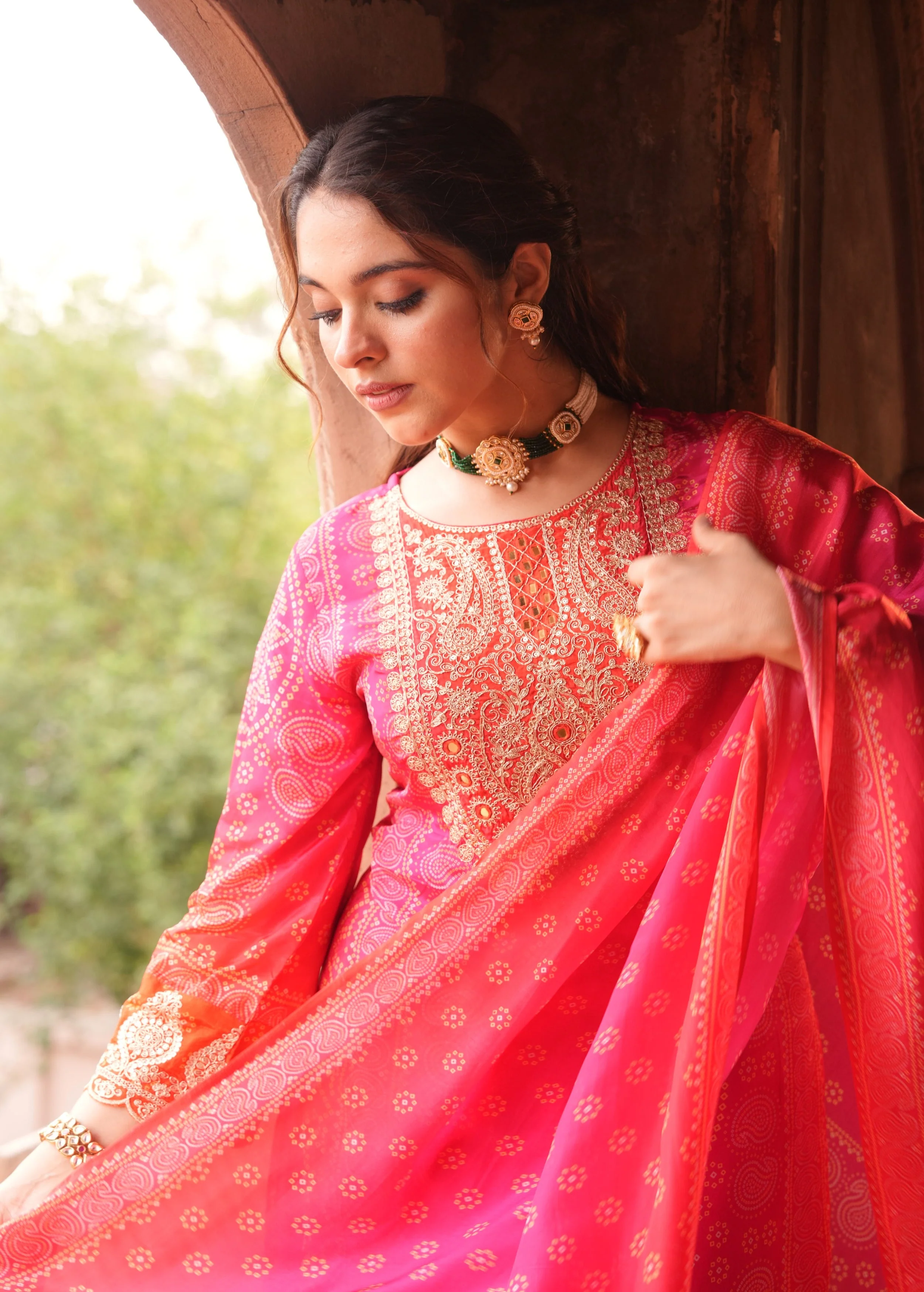 Rich Pink Embellished Chinon Silk Pant Set - Image 2