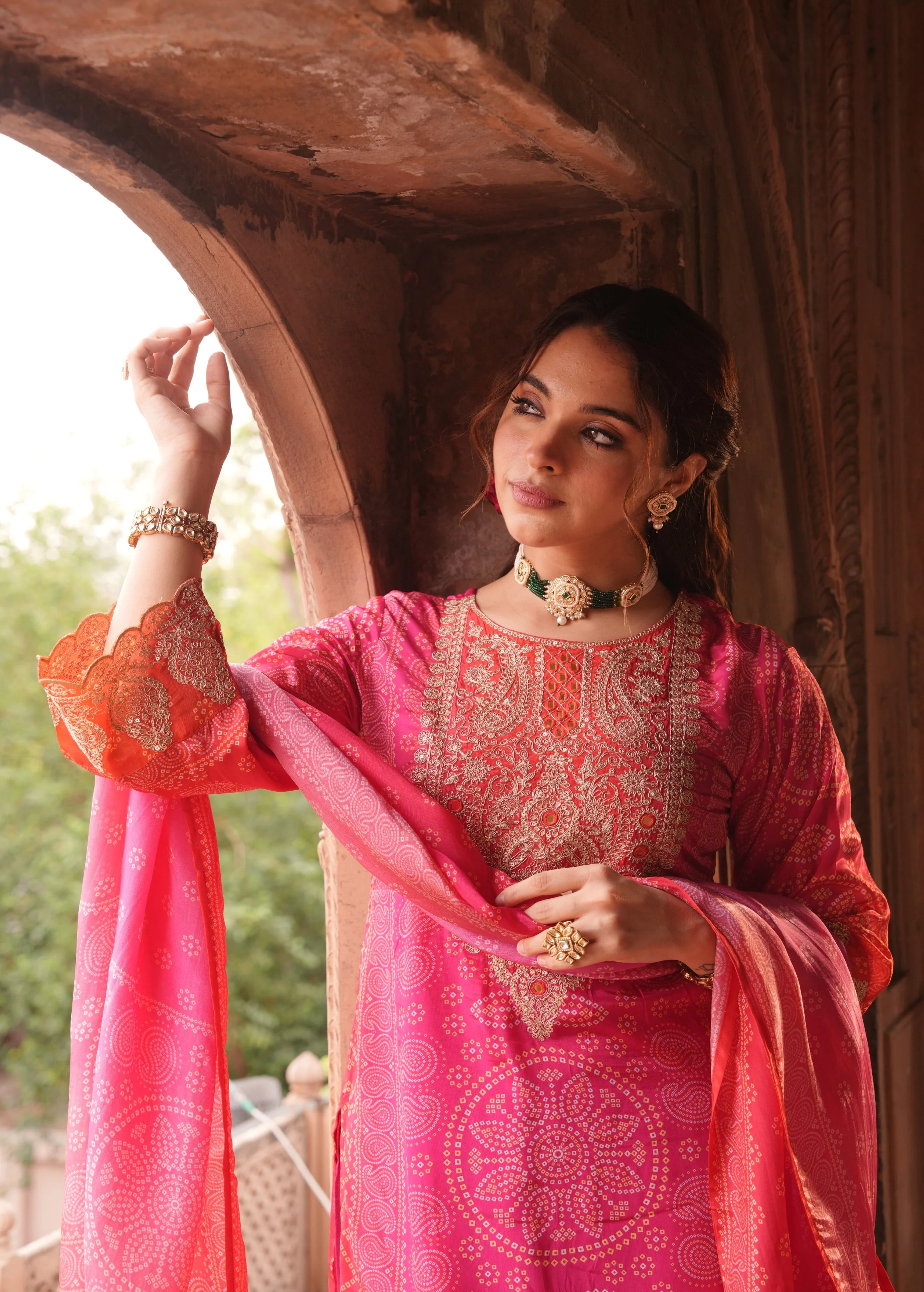 Rich Pink Embellished Chinon Silk Pant Set - Image 3