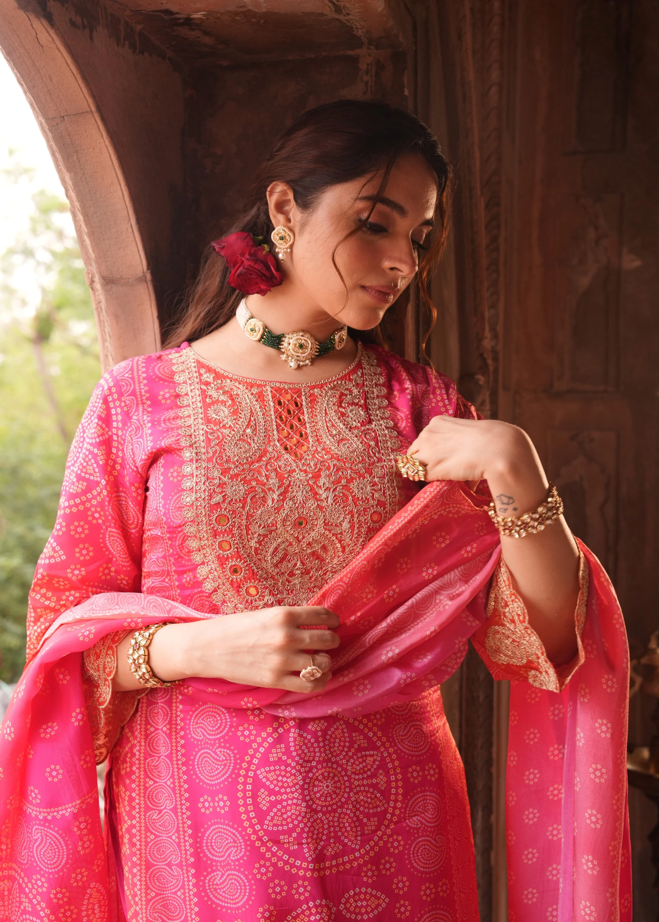 Rich Pink Embellished Chinon Silk Pant Set - Image 4