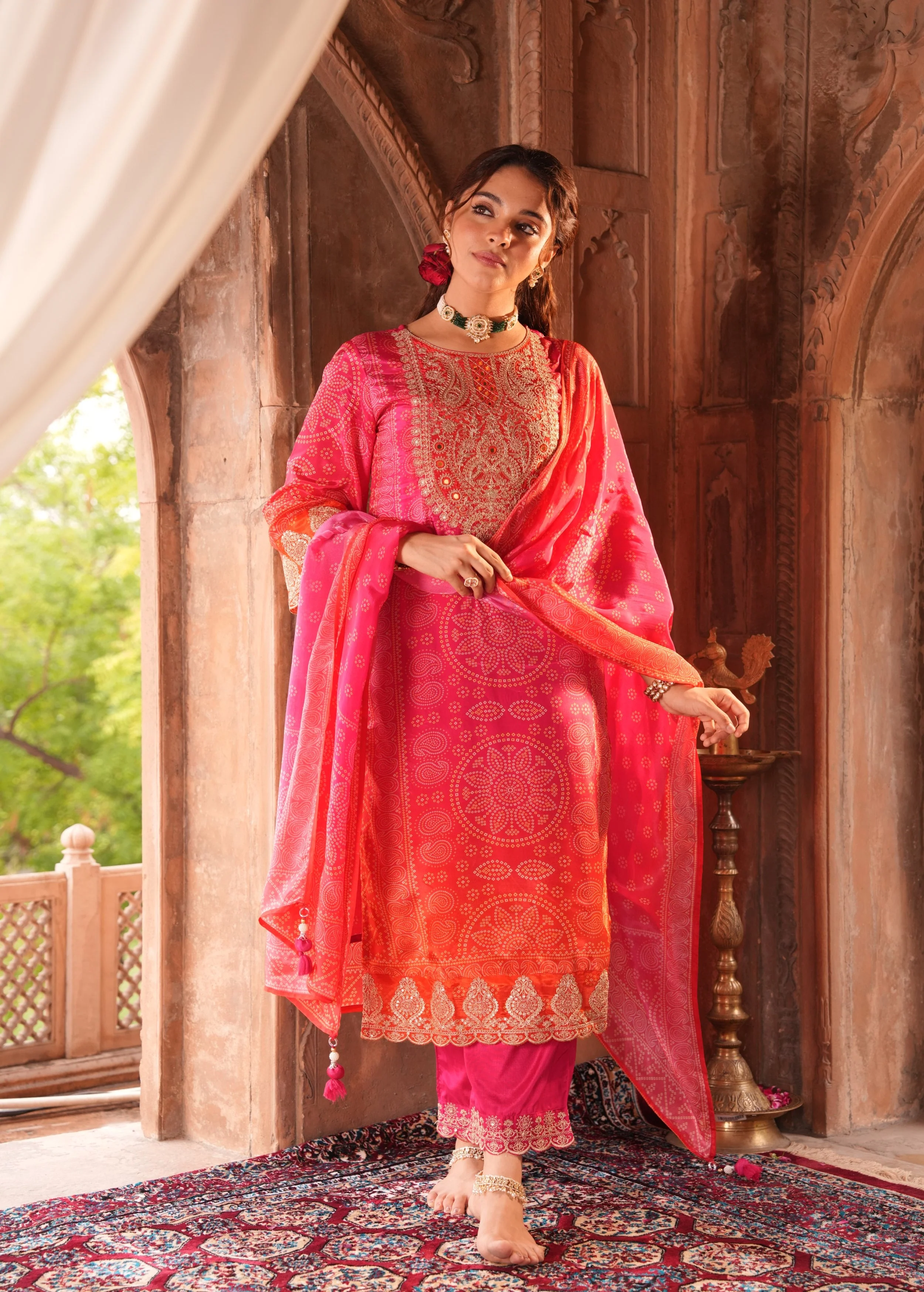 Rich Pink Embellished Chinon Silk Pant Set - Image 5