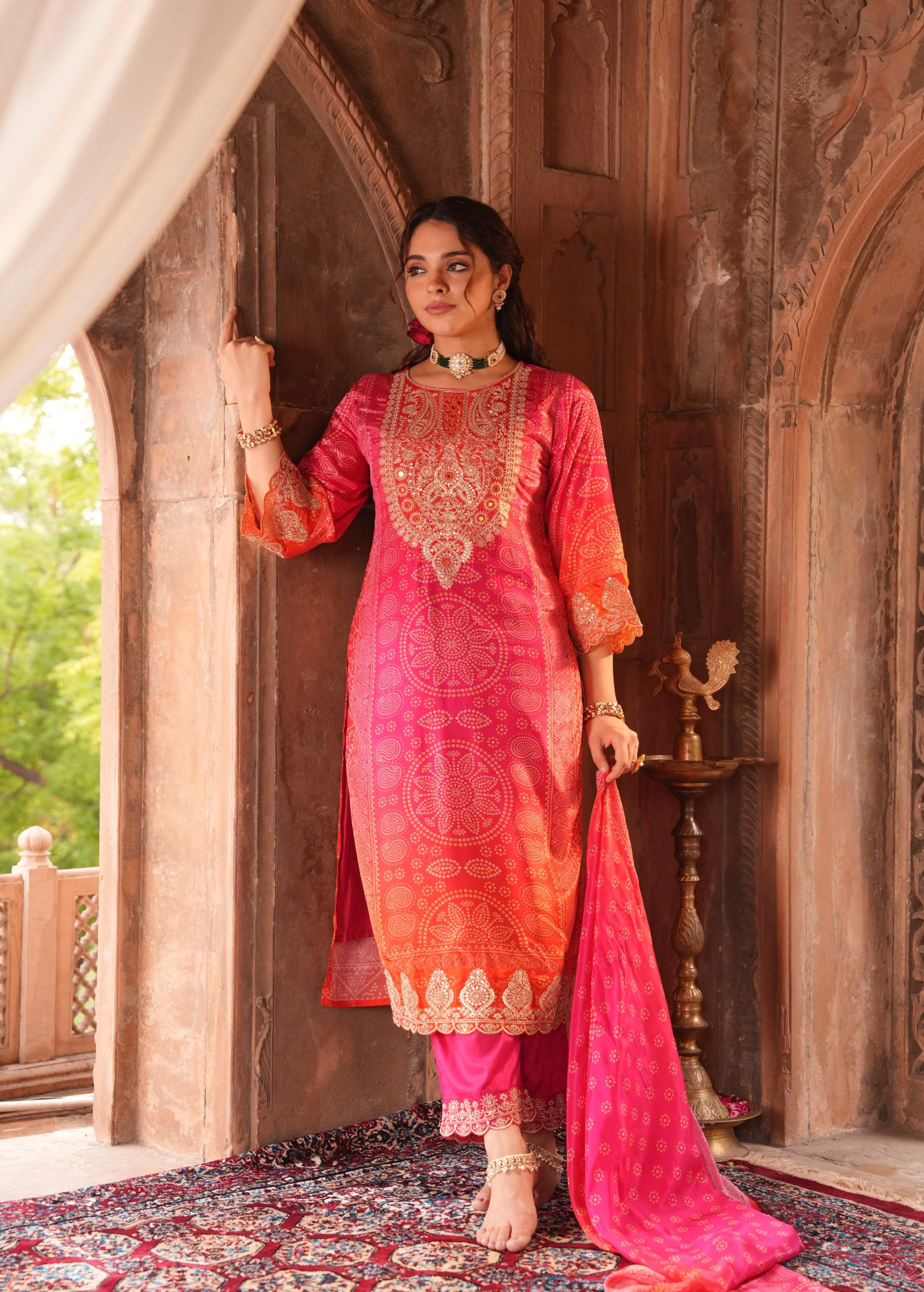 Rich Pink Embellished Chinon Silk Pant Set - Image 6