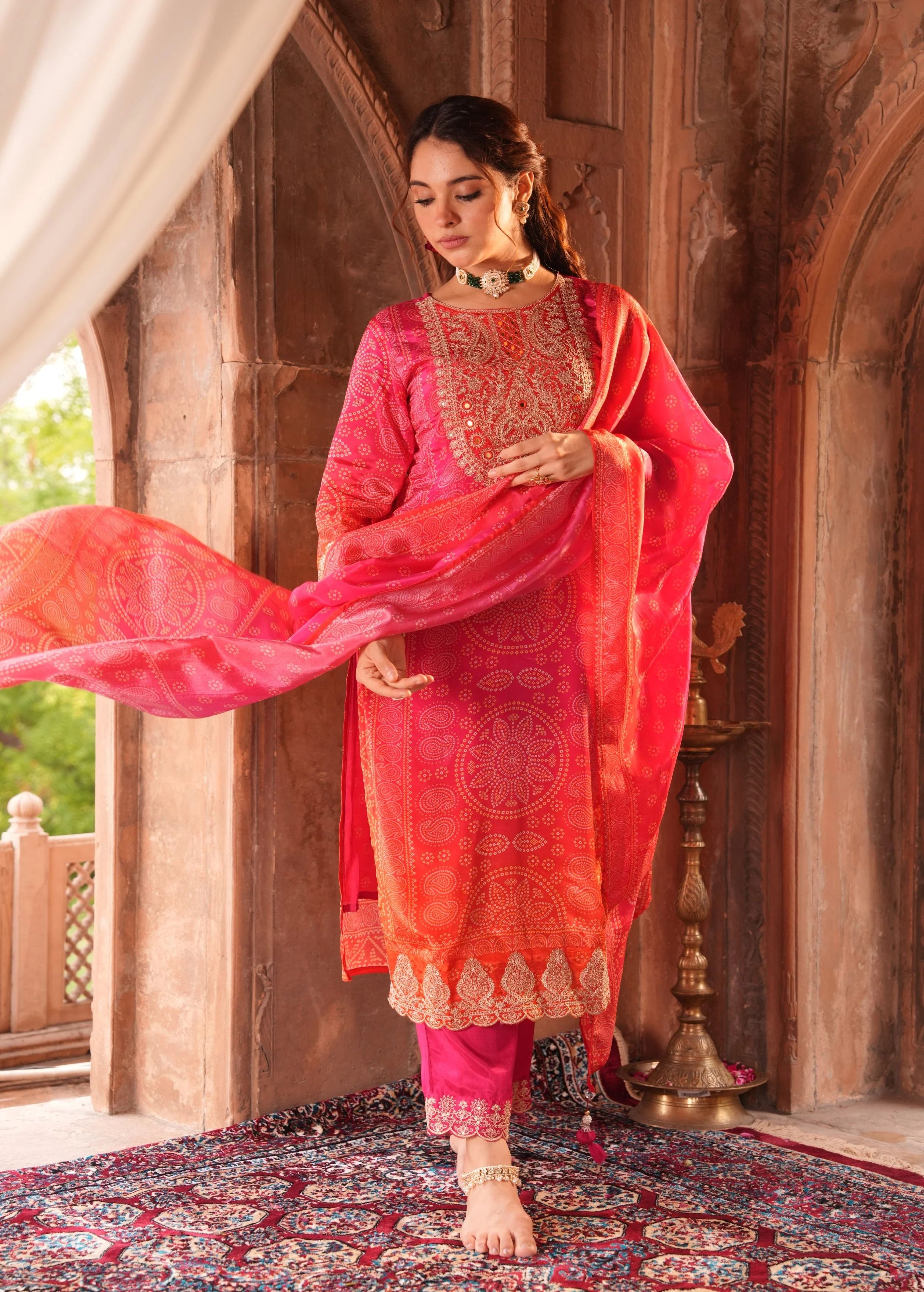 Rich Pink Embellished Chinon Silk Pant Set - Image 7