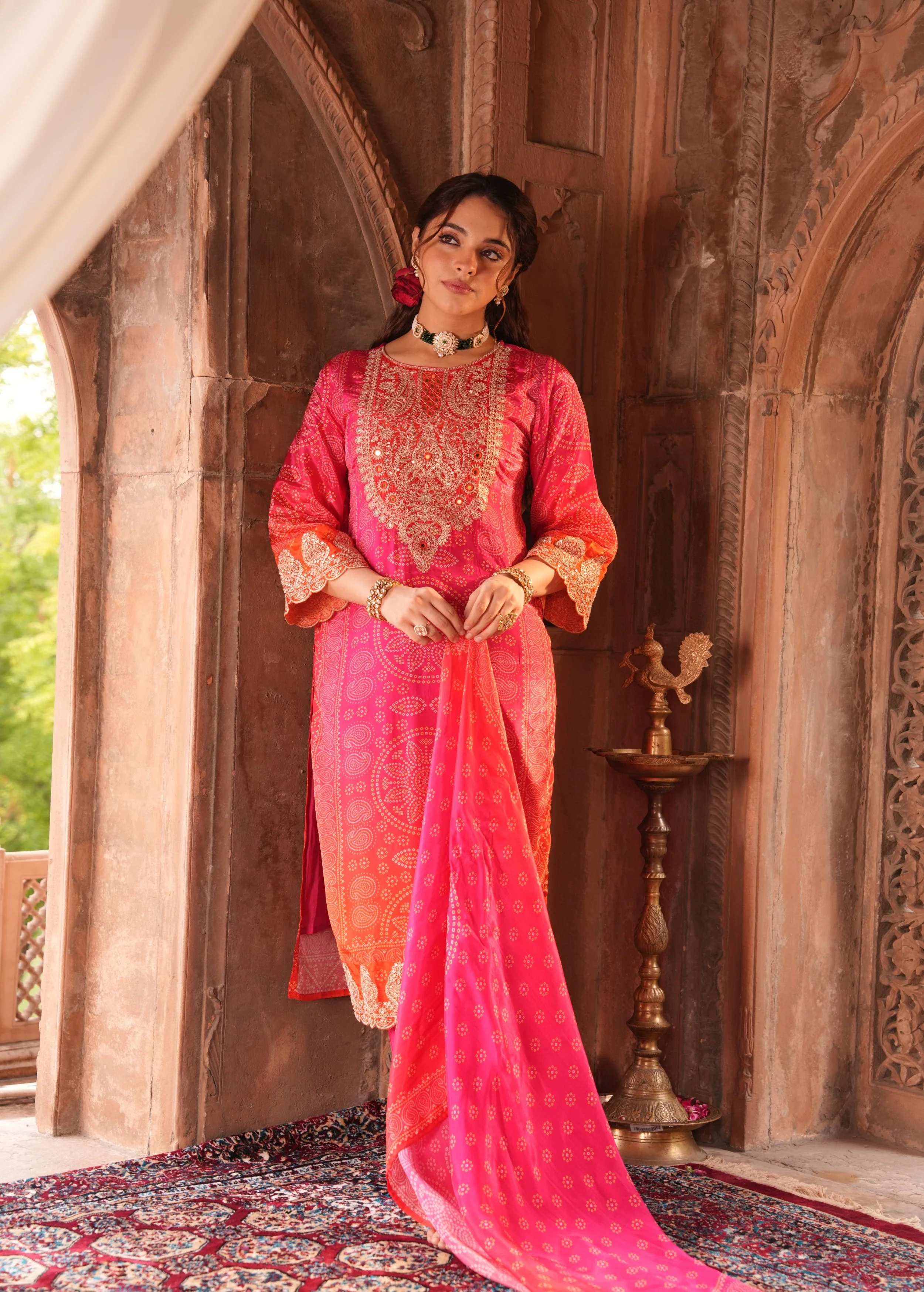 Rich Pink Embellished Chinon Silk Pant Set - Image 8