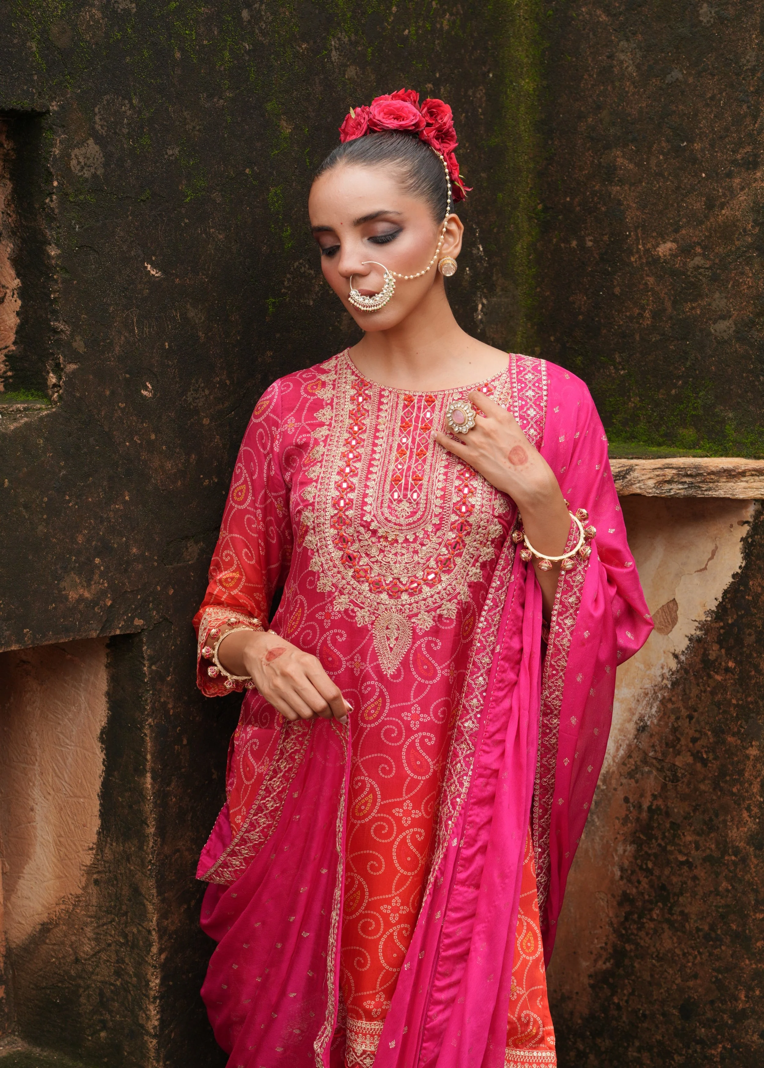 Rich Pink Embellished Chinon Silk Sharara Set - Image 2
