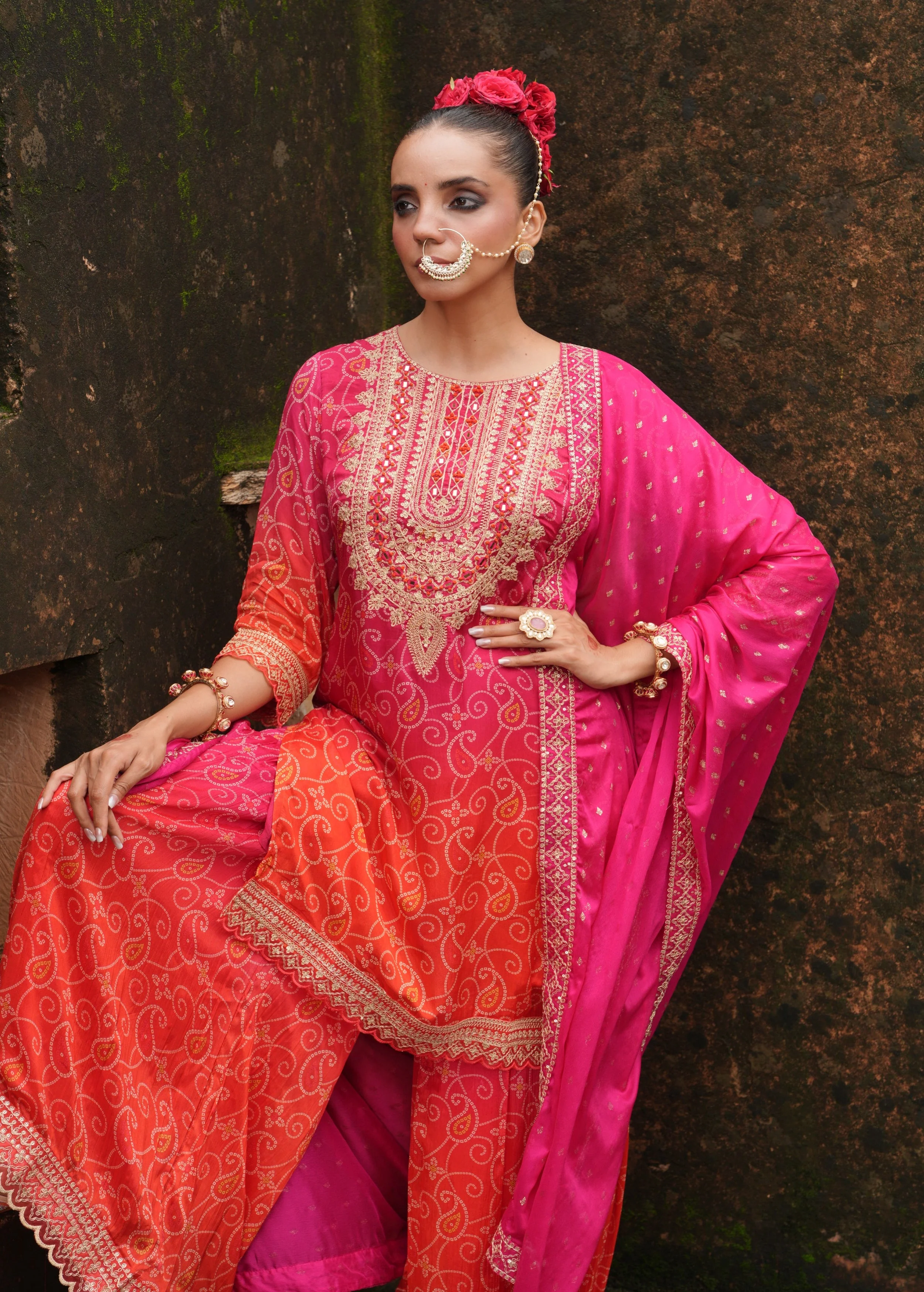 Rich Pink Embellished Chinon Silk Sharara Set - Image 3