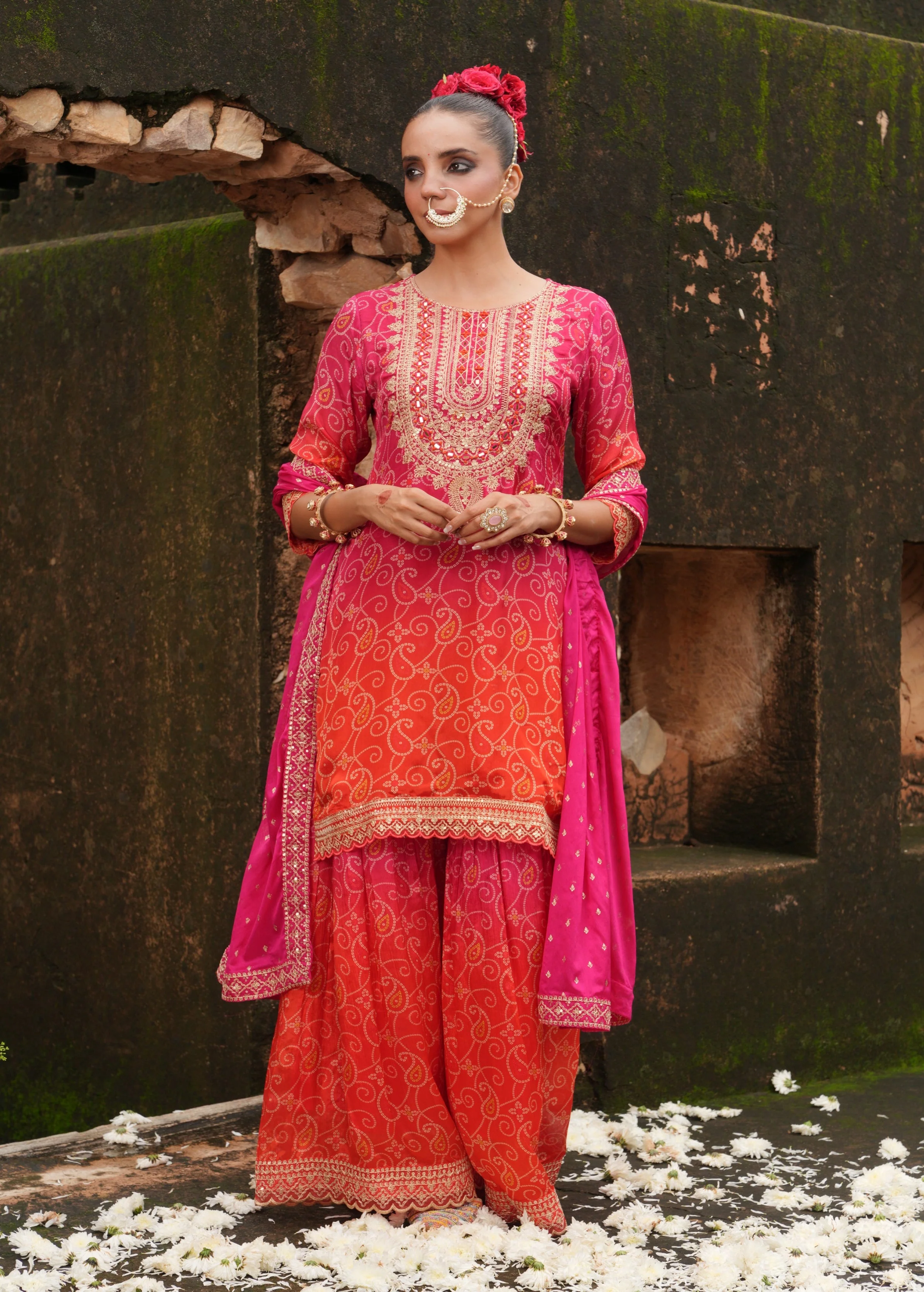 Rich Pink Embellished Chinon Silk Sharara Set - Image 4